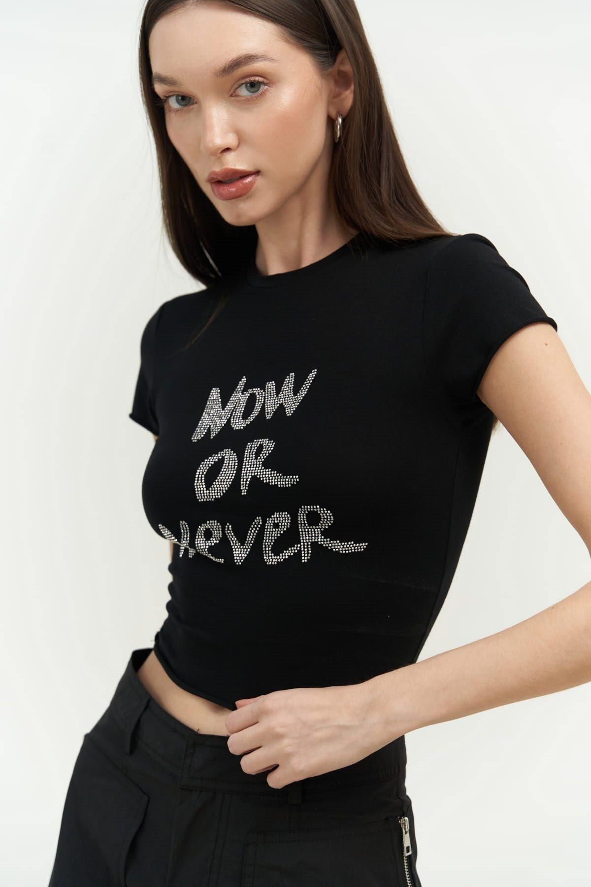 Now Or Never Siyah Penye Crop