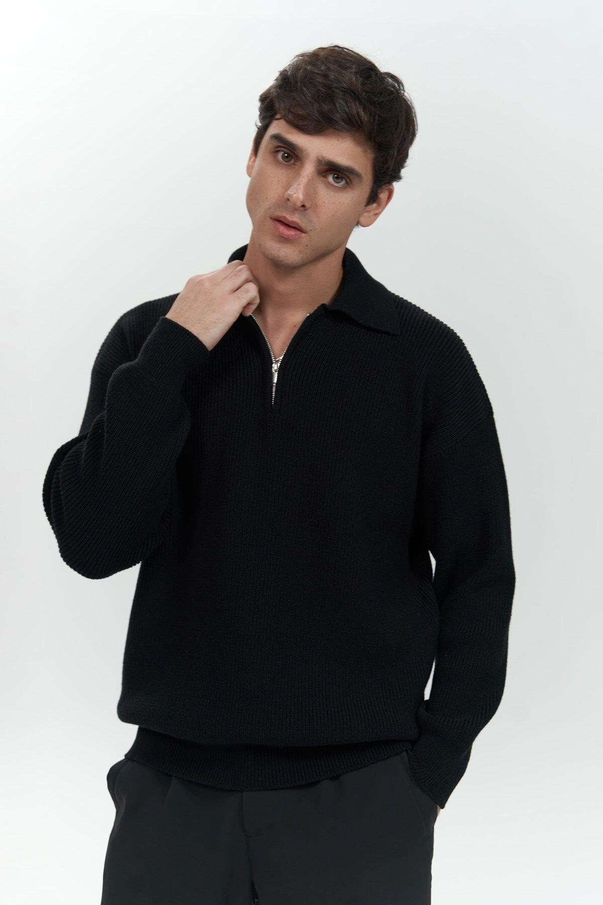 Oberon Men's Polo Collar Half-Zip Black Knit Sweater