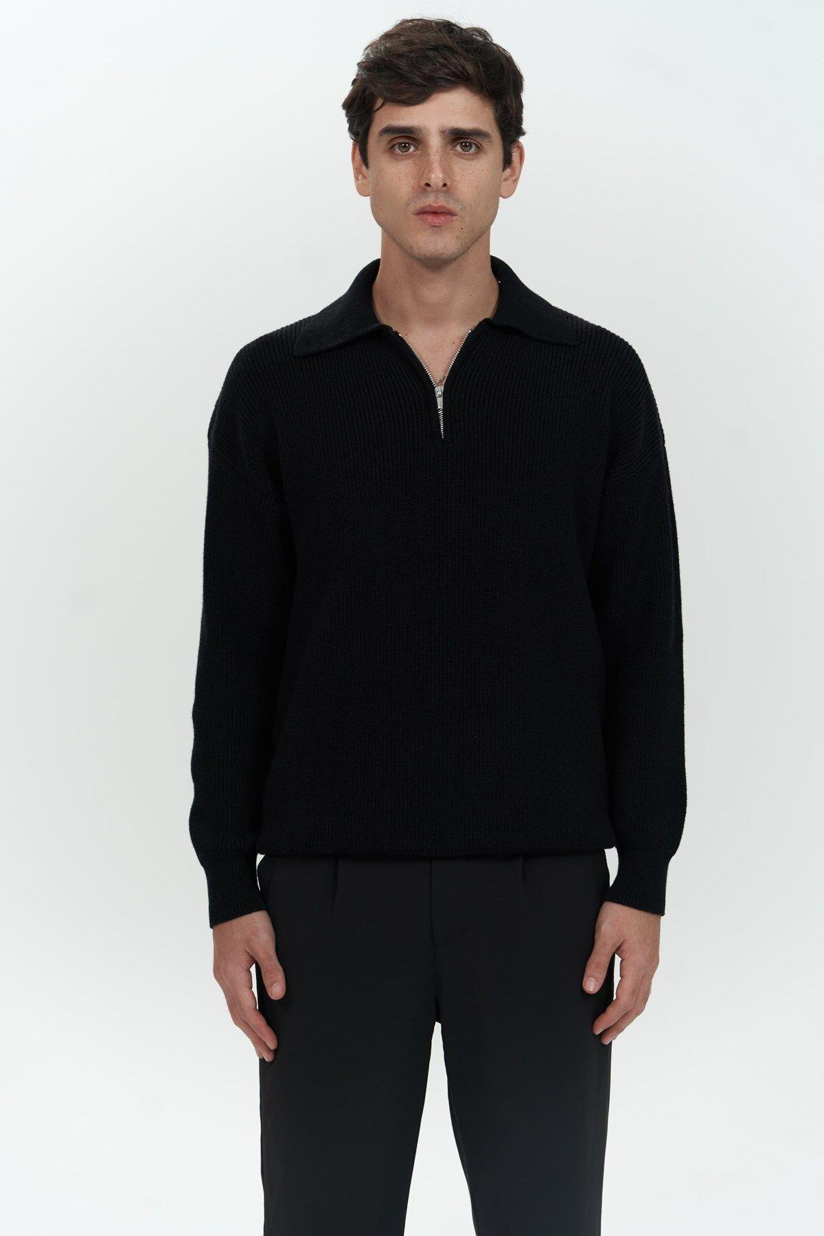 Oberon Men's Polo Collar Half-Zip Black Knit Sweater