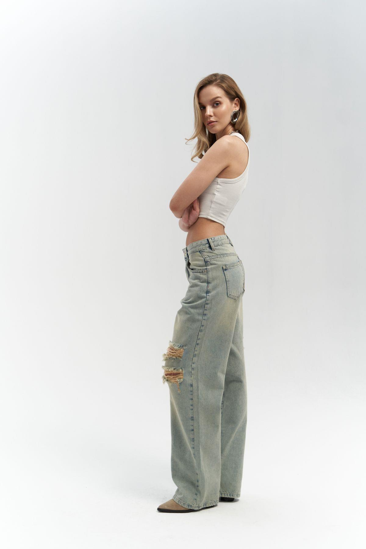 Oldwin Kirli Gri Vintage Baskı Detay Jean Pantolon