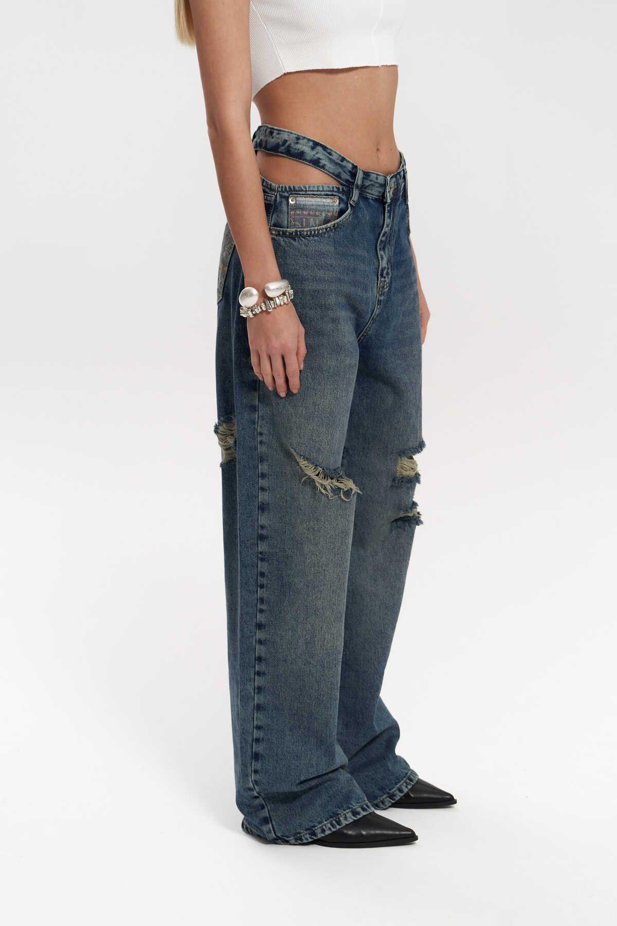 Oldwin Mavi Vintage Baskı Detay Jean Pantolon
