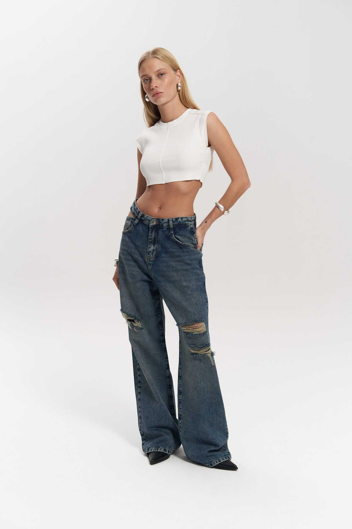 Oldwin Mavi Vintage Baskı Detay Jean Pantolon