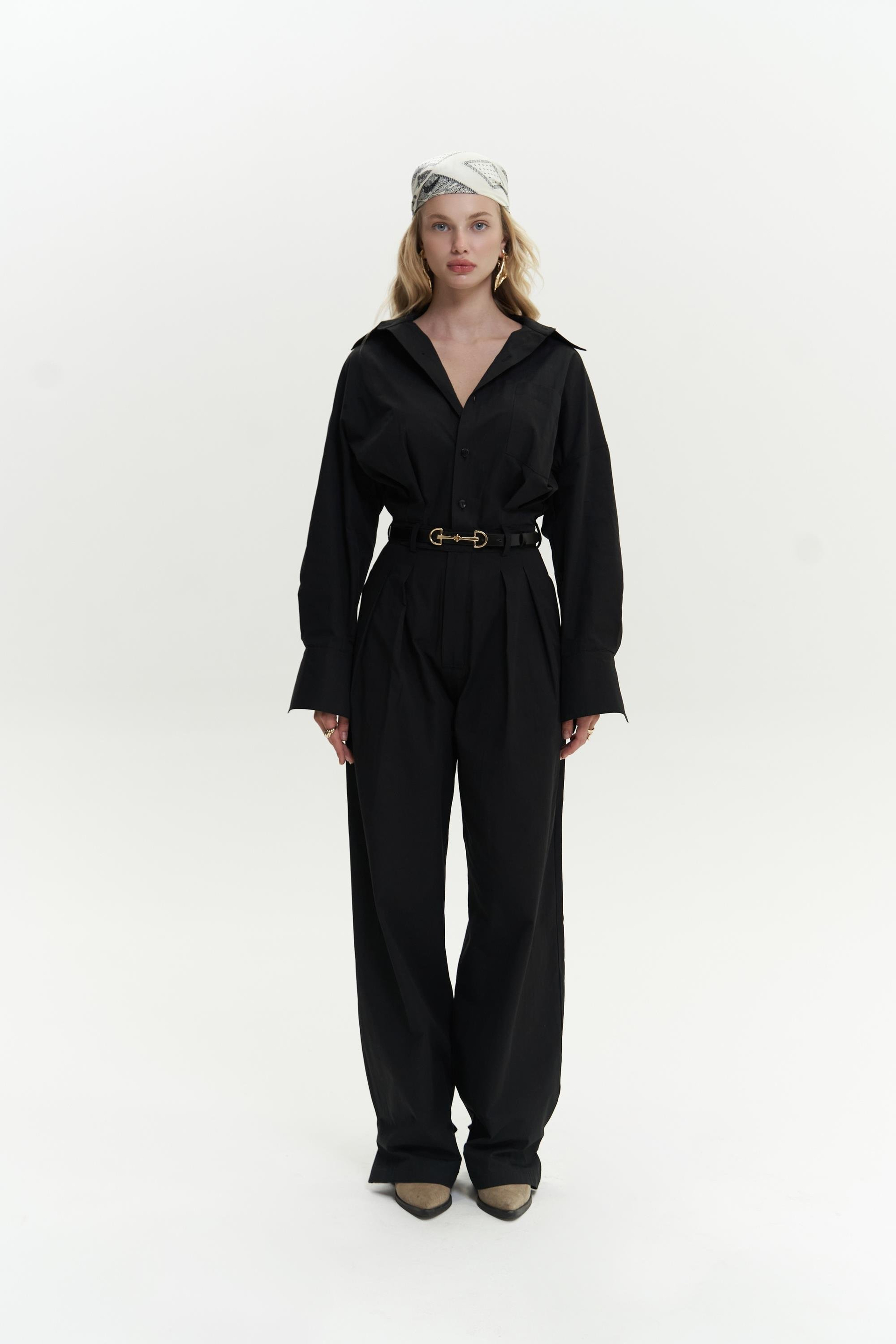 Olney Kemer Detay Uzun Siyah Tulum