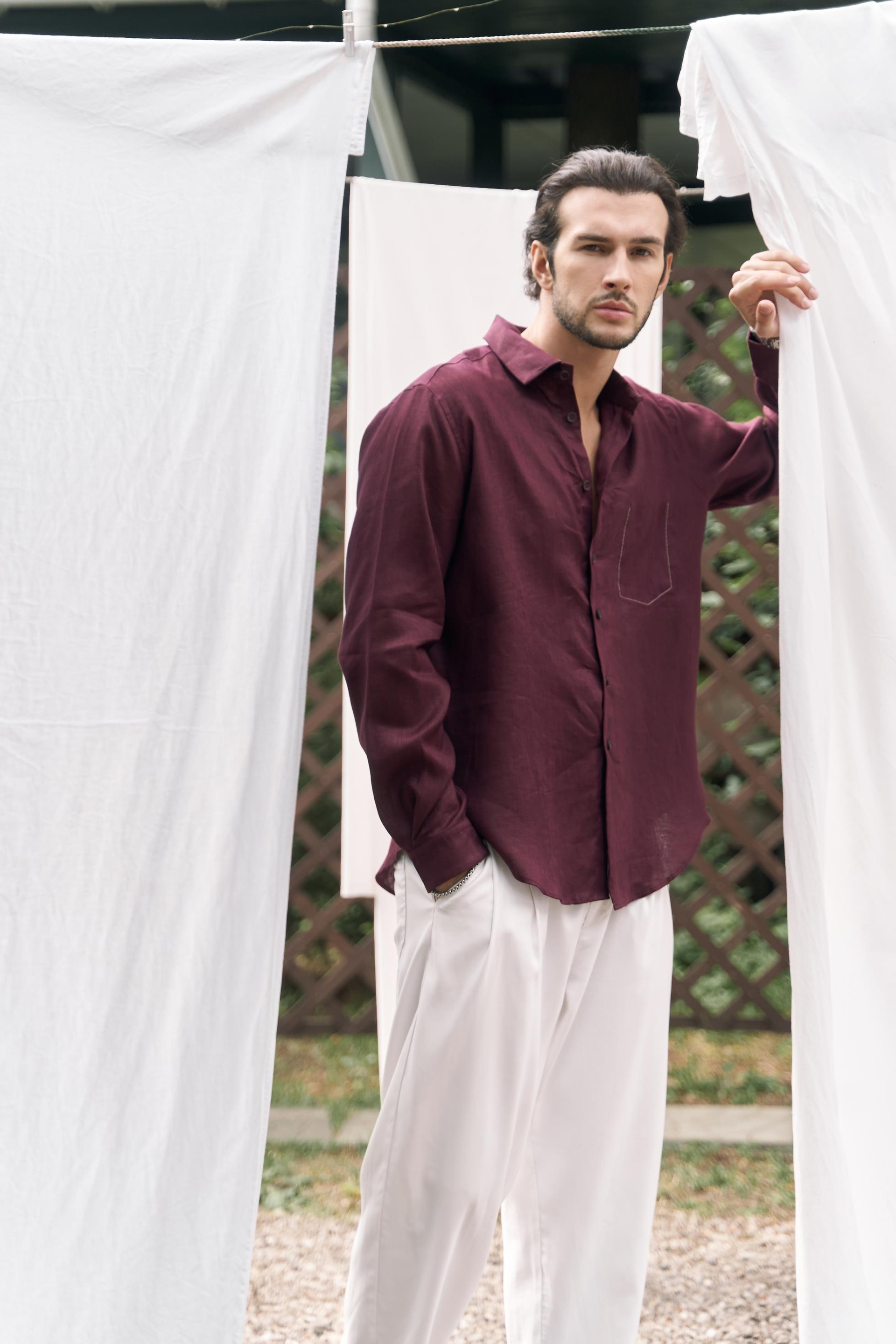 Ombretta Keten Oversize Erkek Gömlek - BORDO