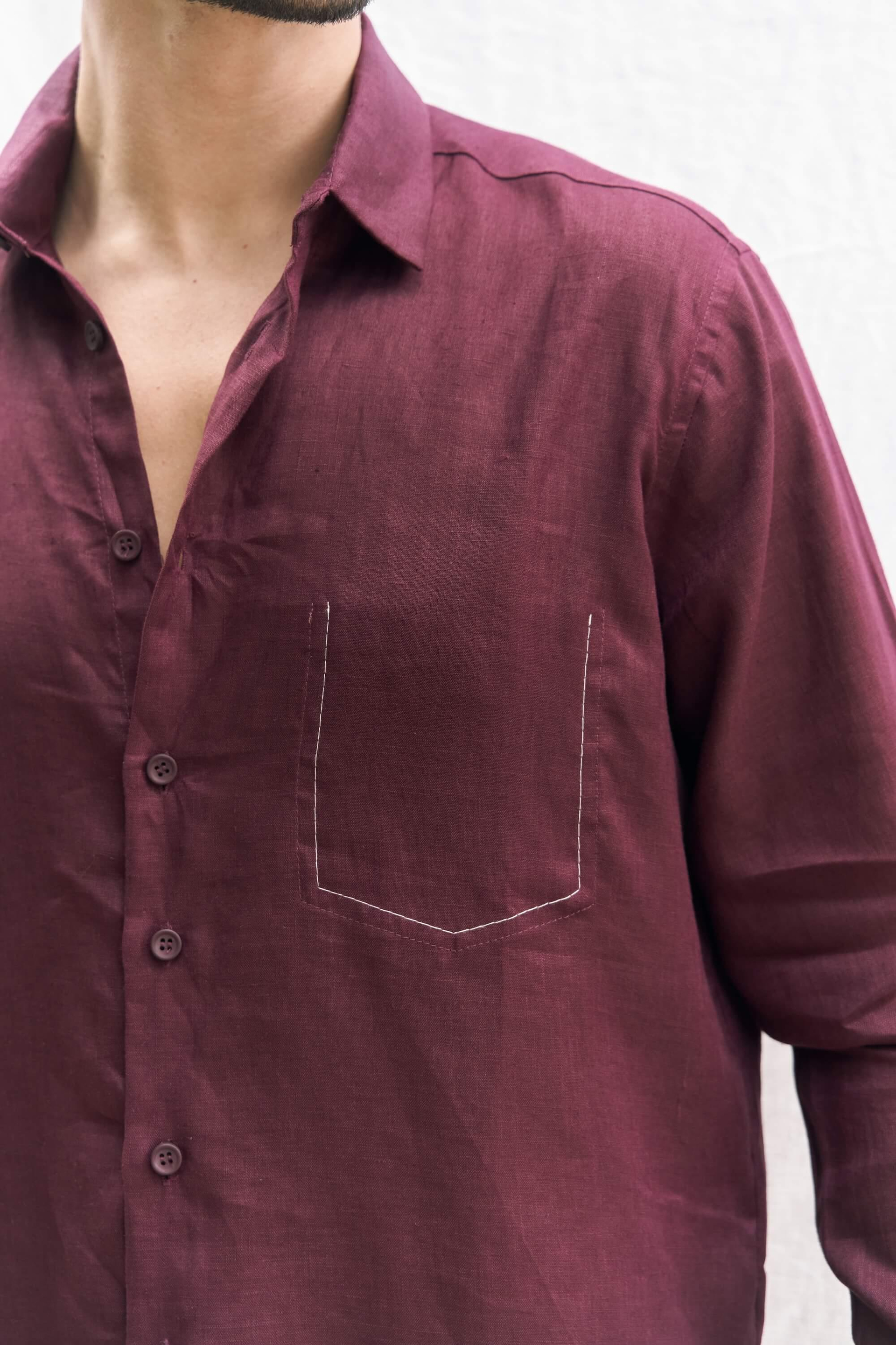 Ombretta Keten Oversize Erkek Gömlek - BORDO