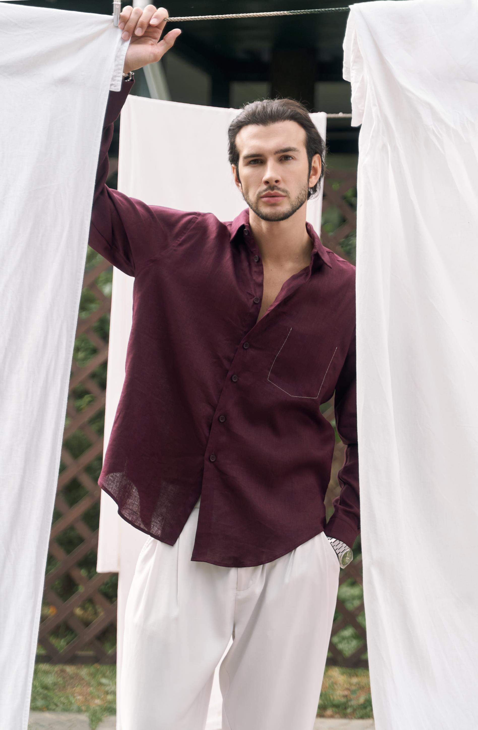 Ombretta Keten Oversize Erkek Gömlek - BORDO