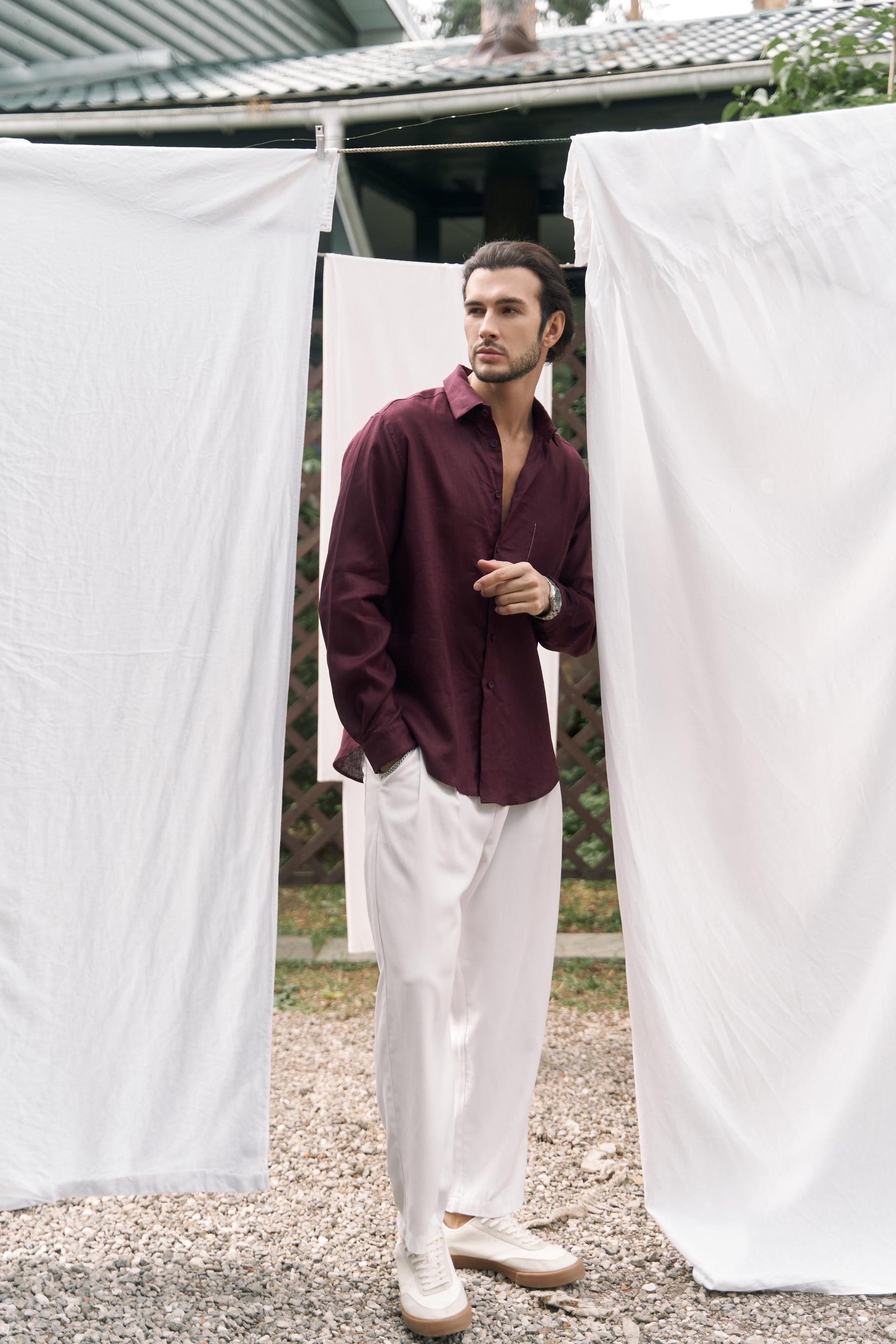 Ombretta Keten Oversize Erkek Gömlek - BORDO