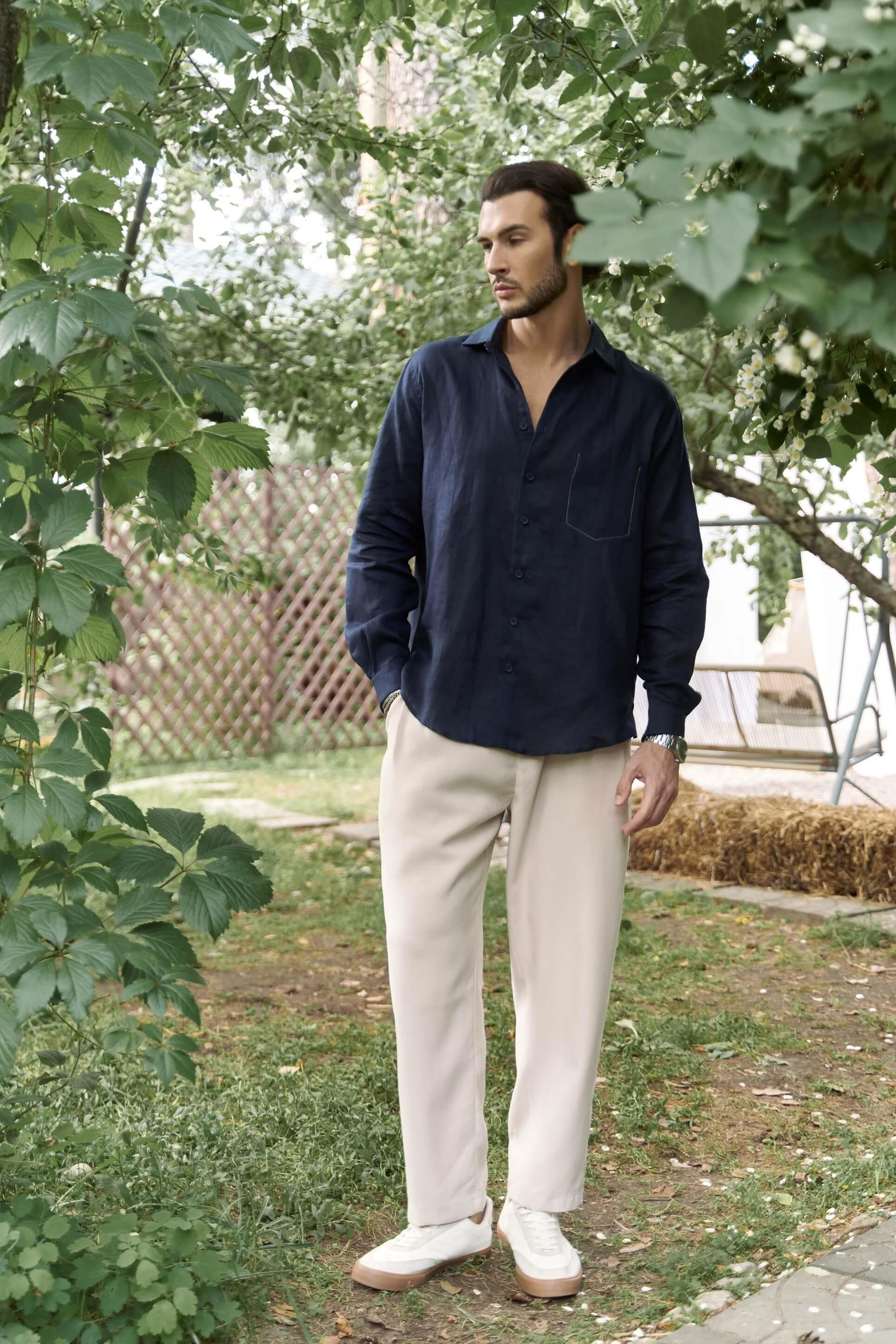 Ombretta Lacivert Keten Oversize Erkek Gömlek