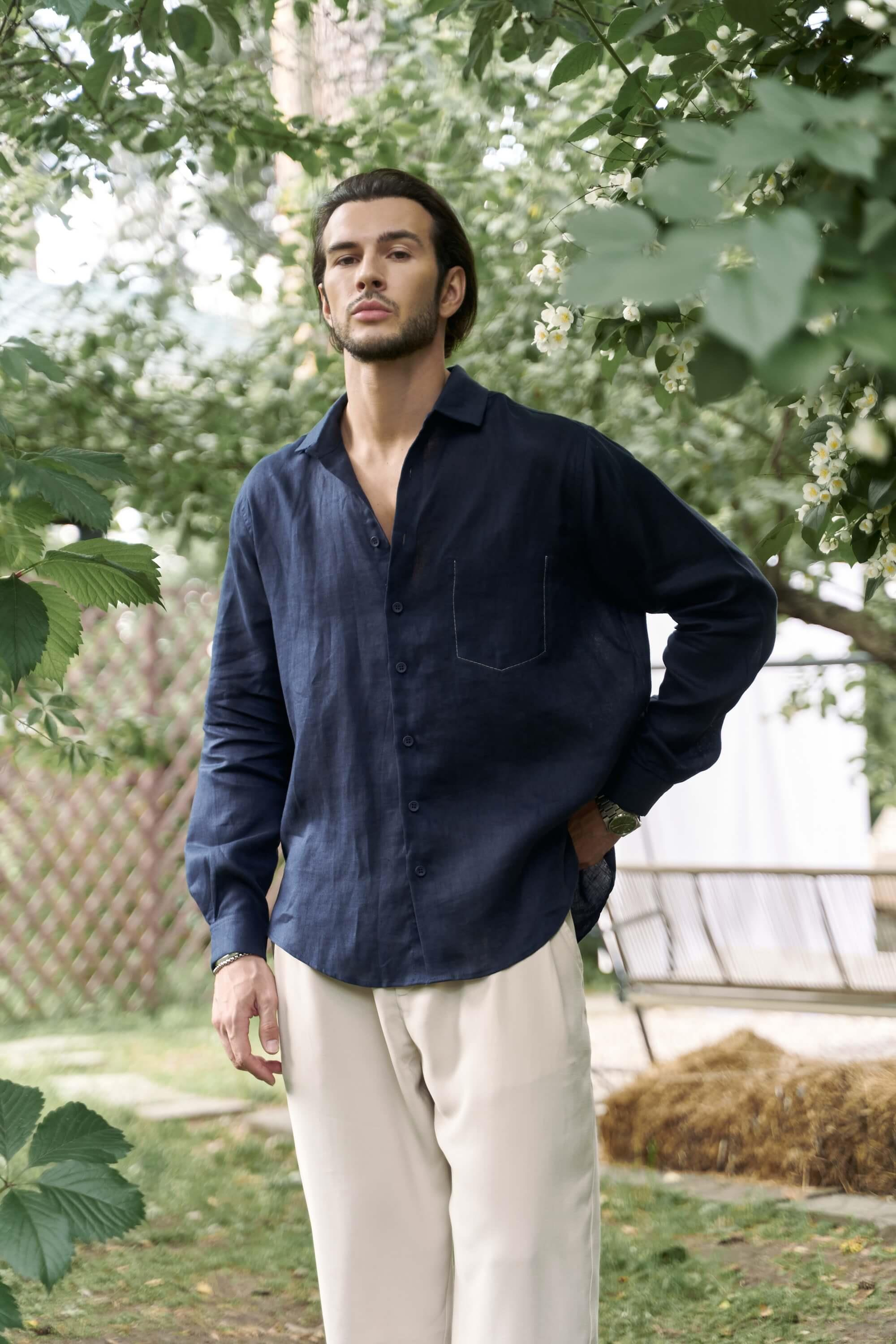 Ombretta Lacivert Keten Oversize Erkek Gömlek