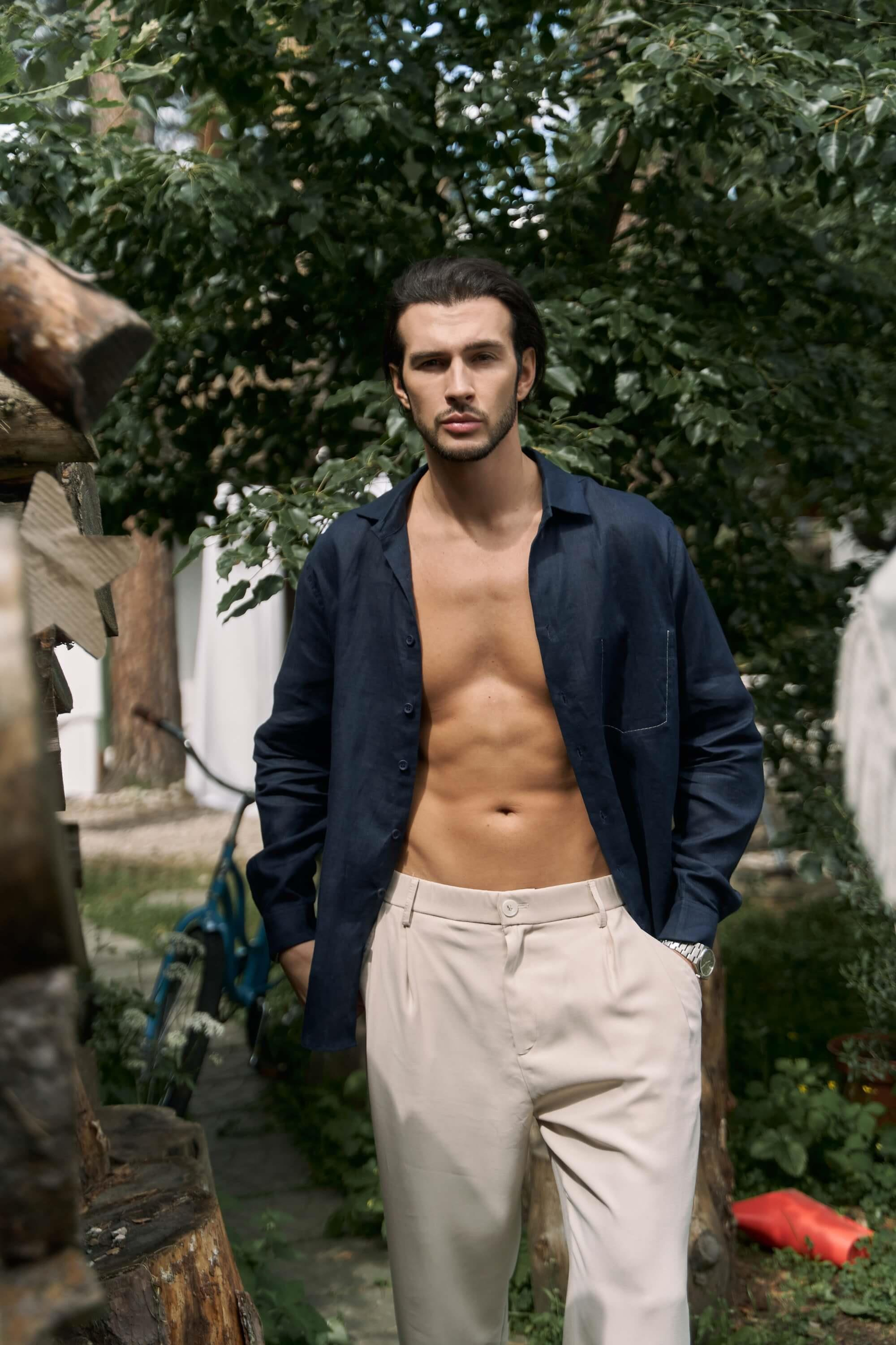 Ombretta Lacivert Keten Oversize Erkek Gömlek