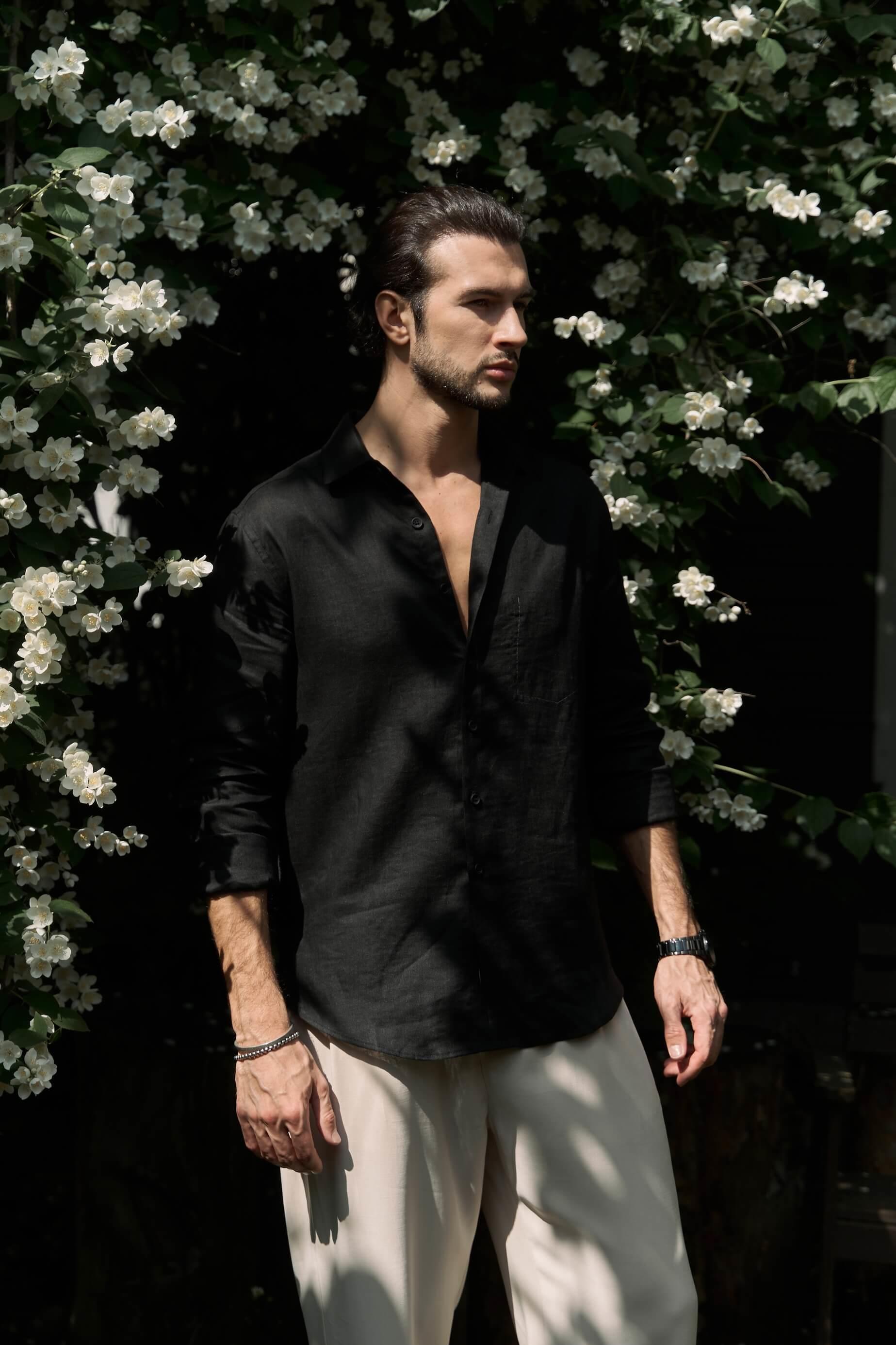 Ombretta Siyah Keten Oversize Erkek Gömlek