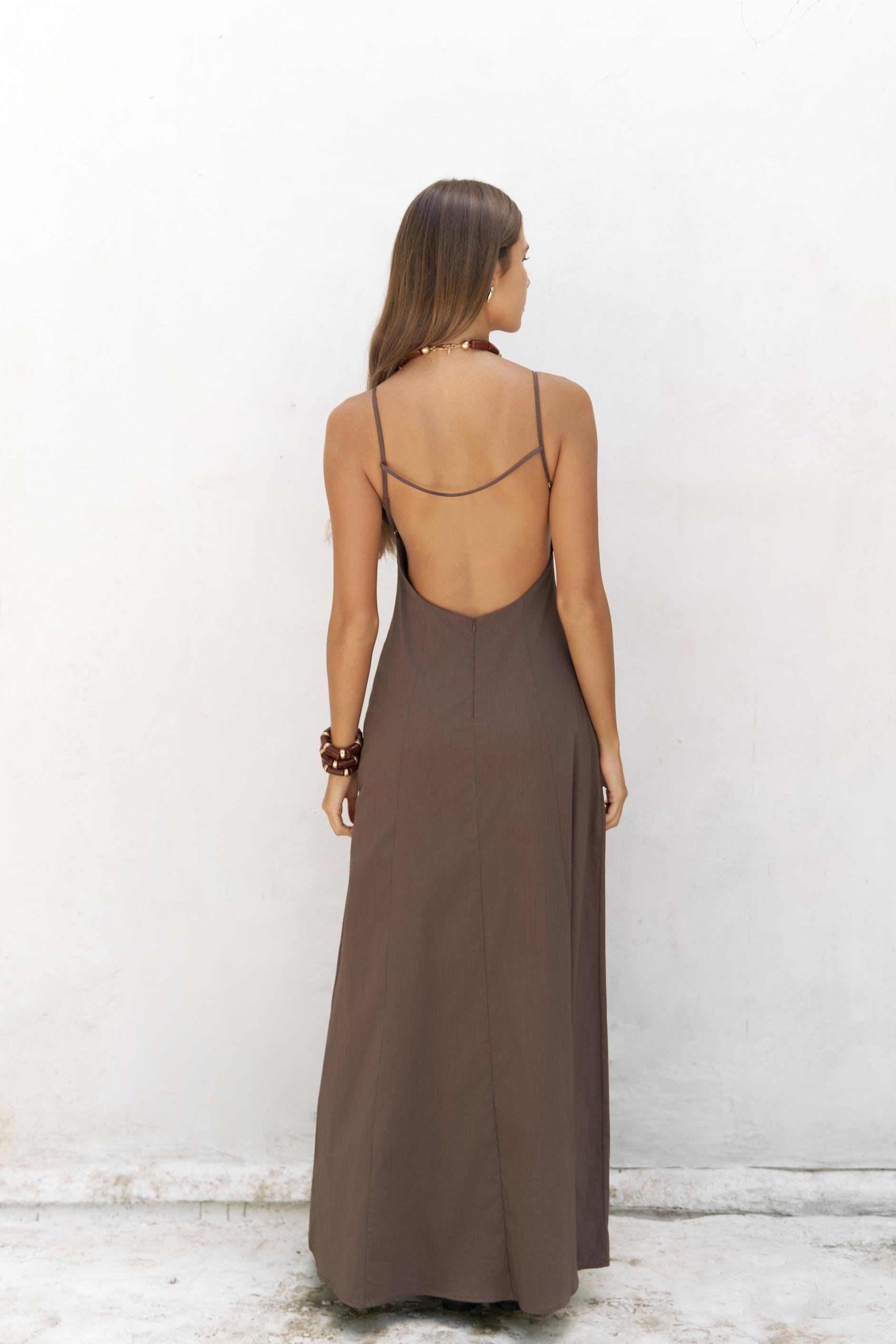 Onella Askılı Kahve Uzun Elbise