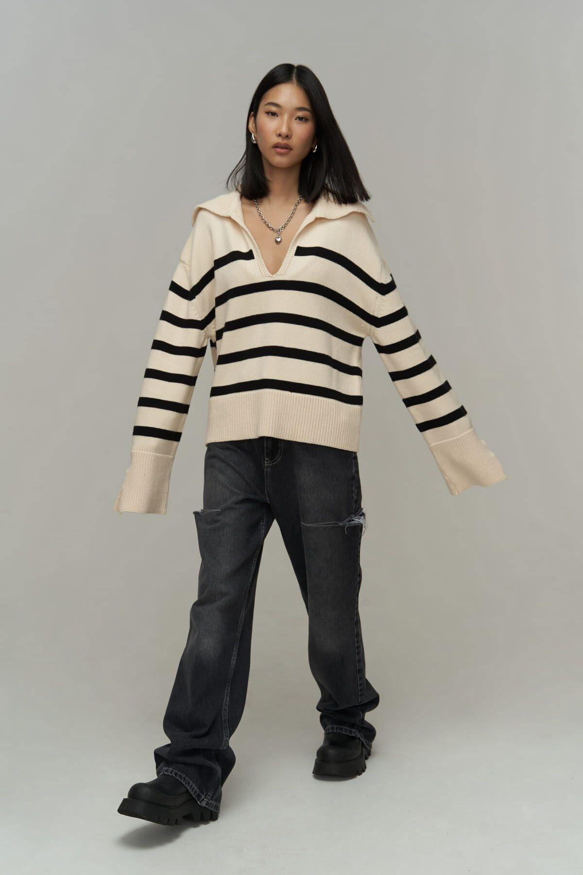 Mai Collection Opus Ecru Striped Sweater