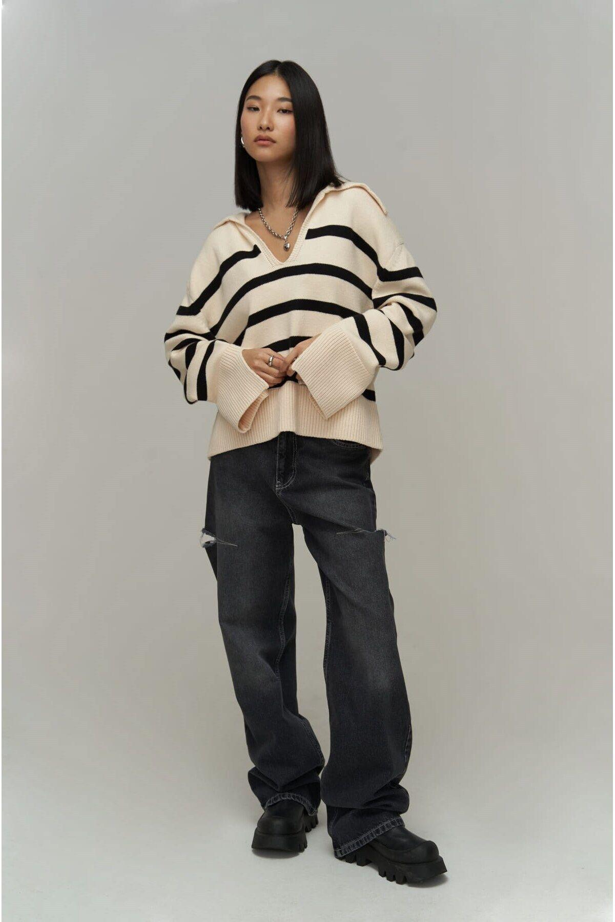 Mai Collection Opus Ecru Striped Sweater