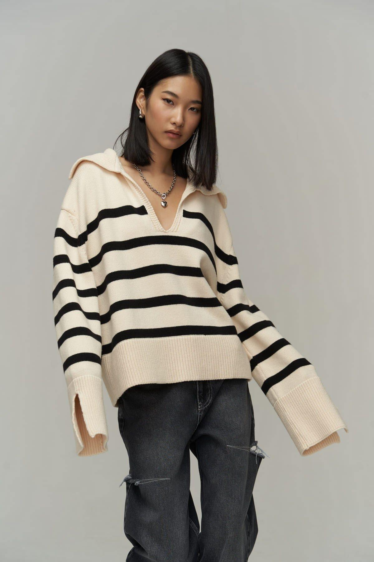 Mai Collection Opus Ecru Striped Sweater