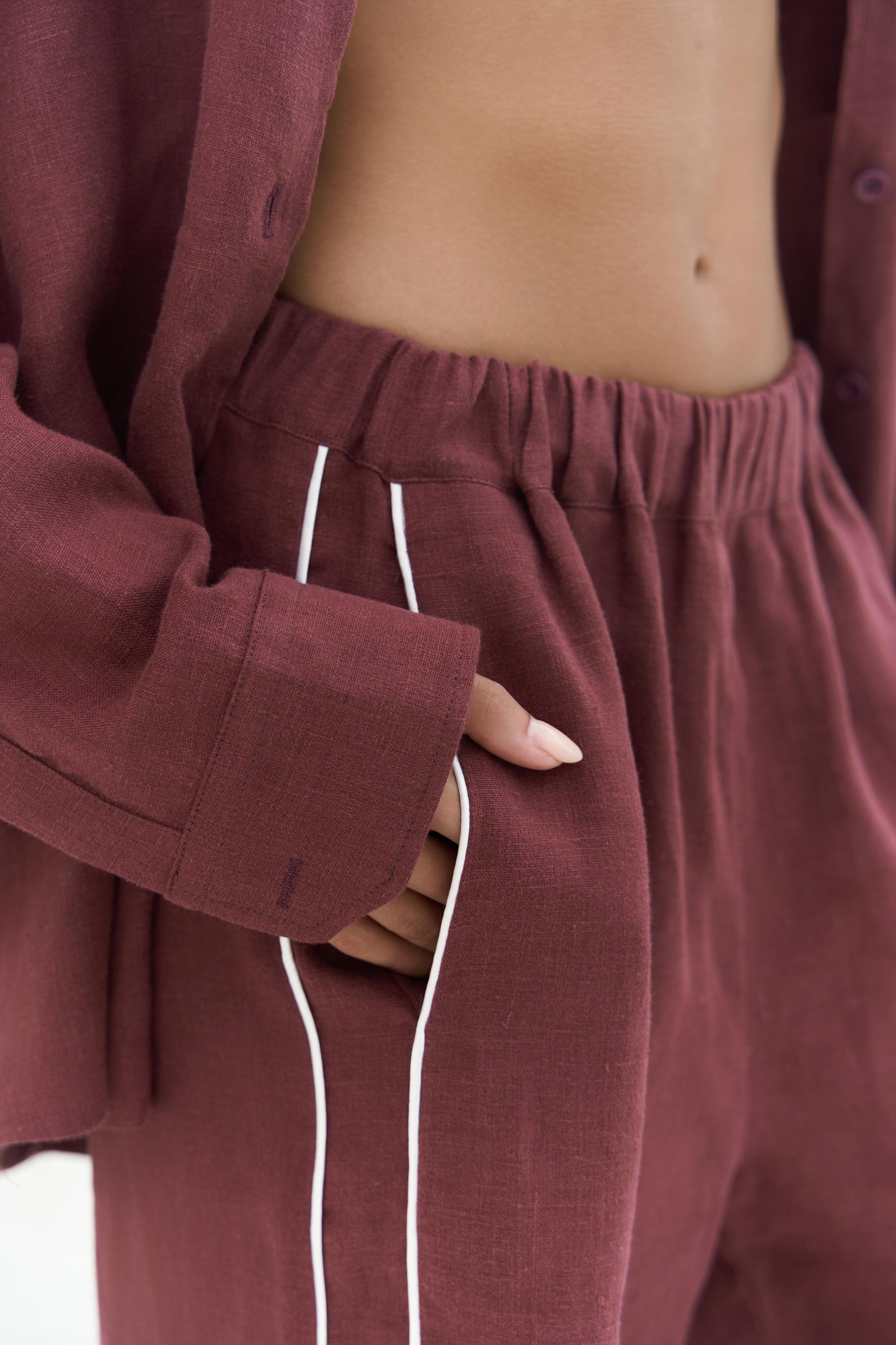 Orchidea Oversize Bordo Keten Gömlek Takım