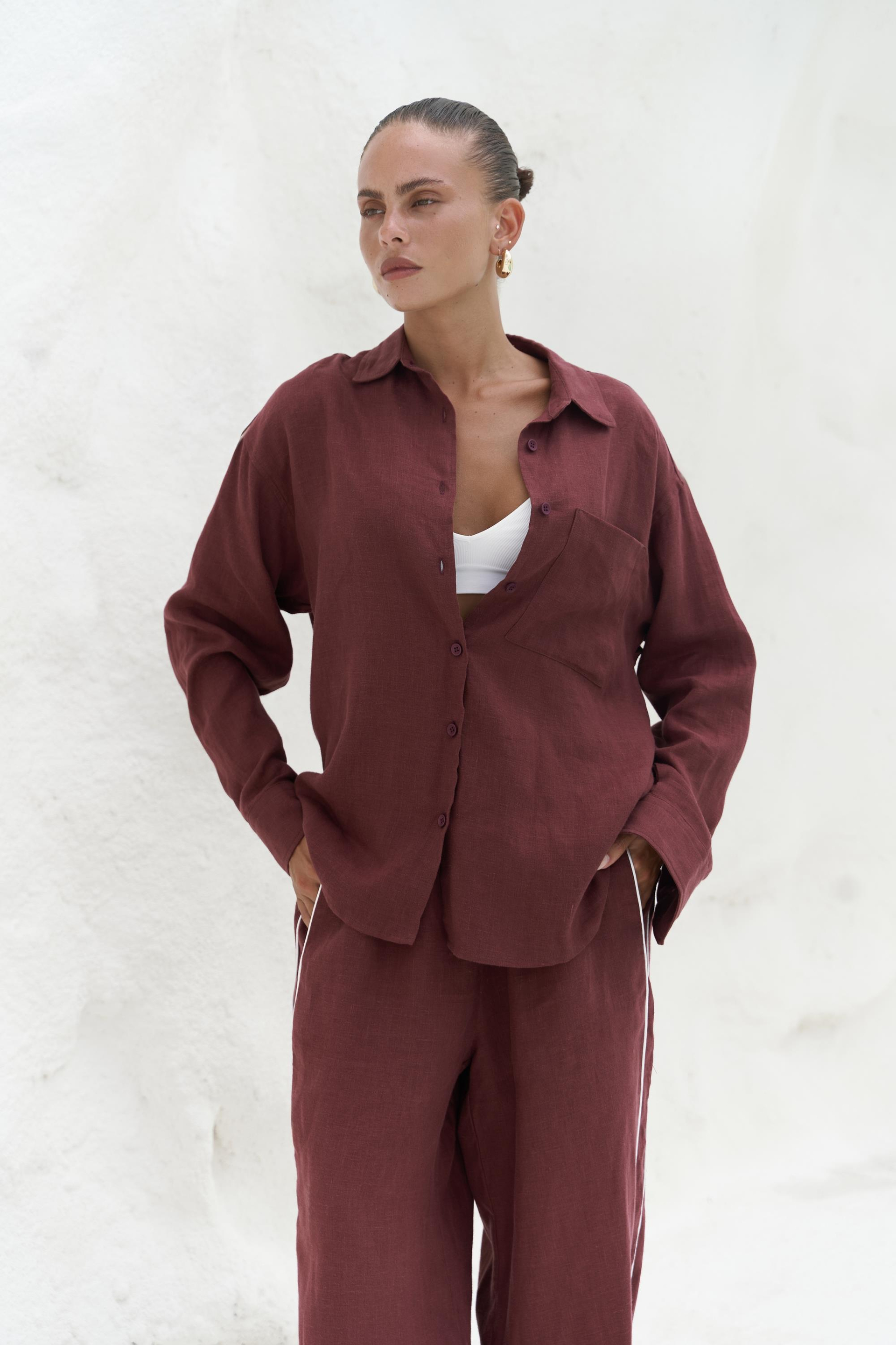 Orchidea Oversize Bordo Keten Gömlek Takım