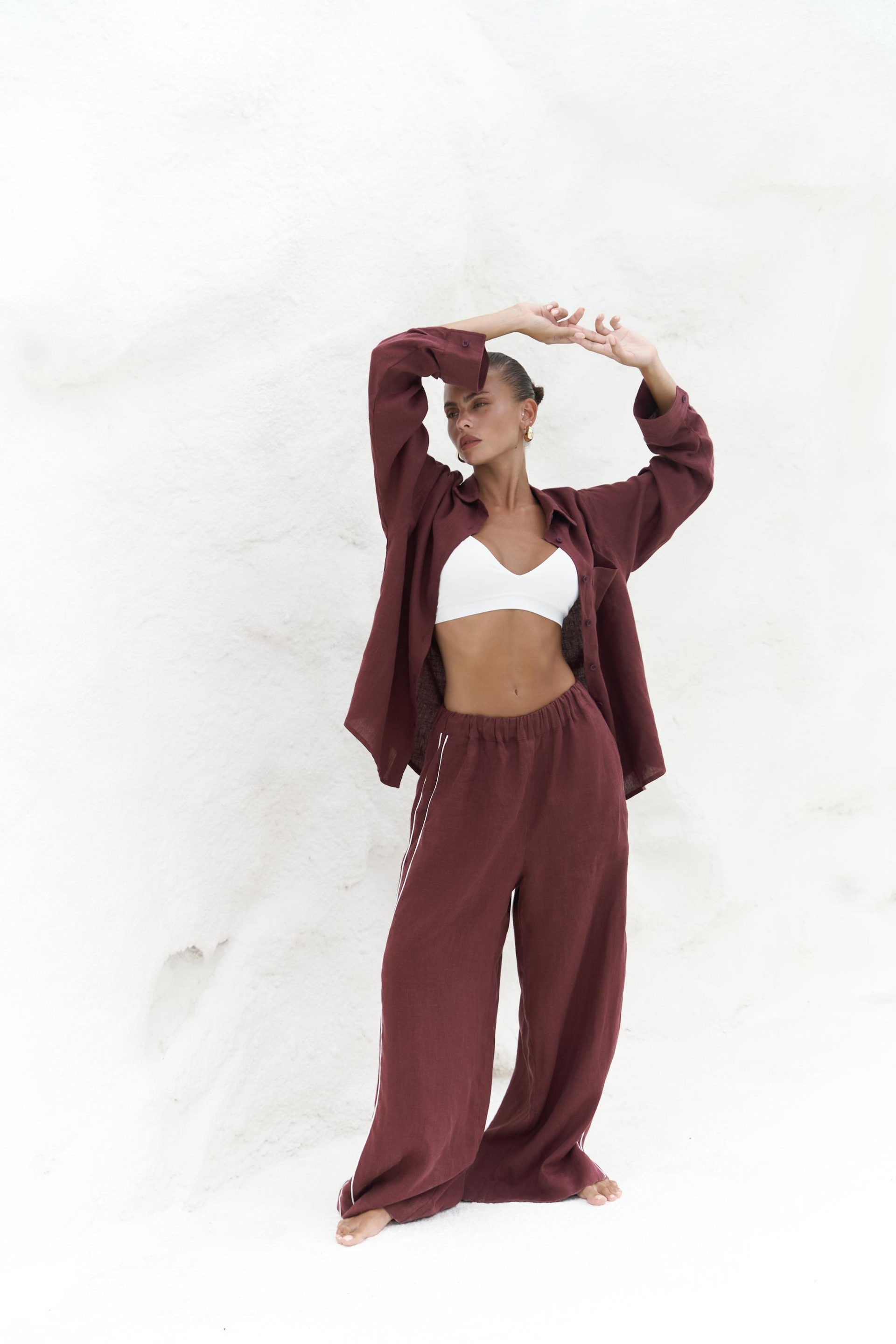 Orchidea Oversize Bordo Keten Gömlek Takım