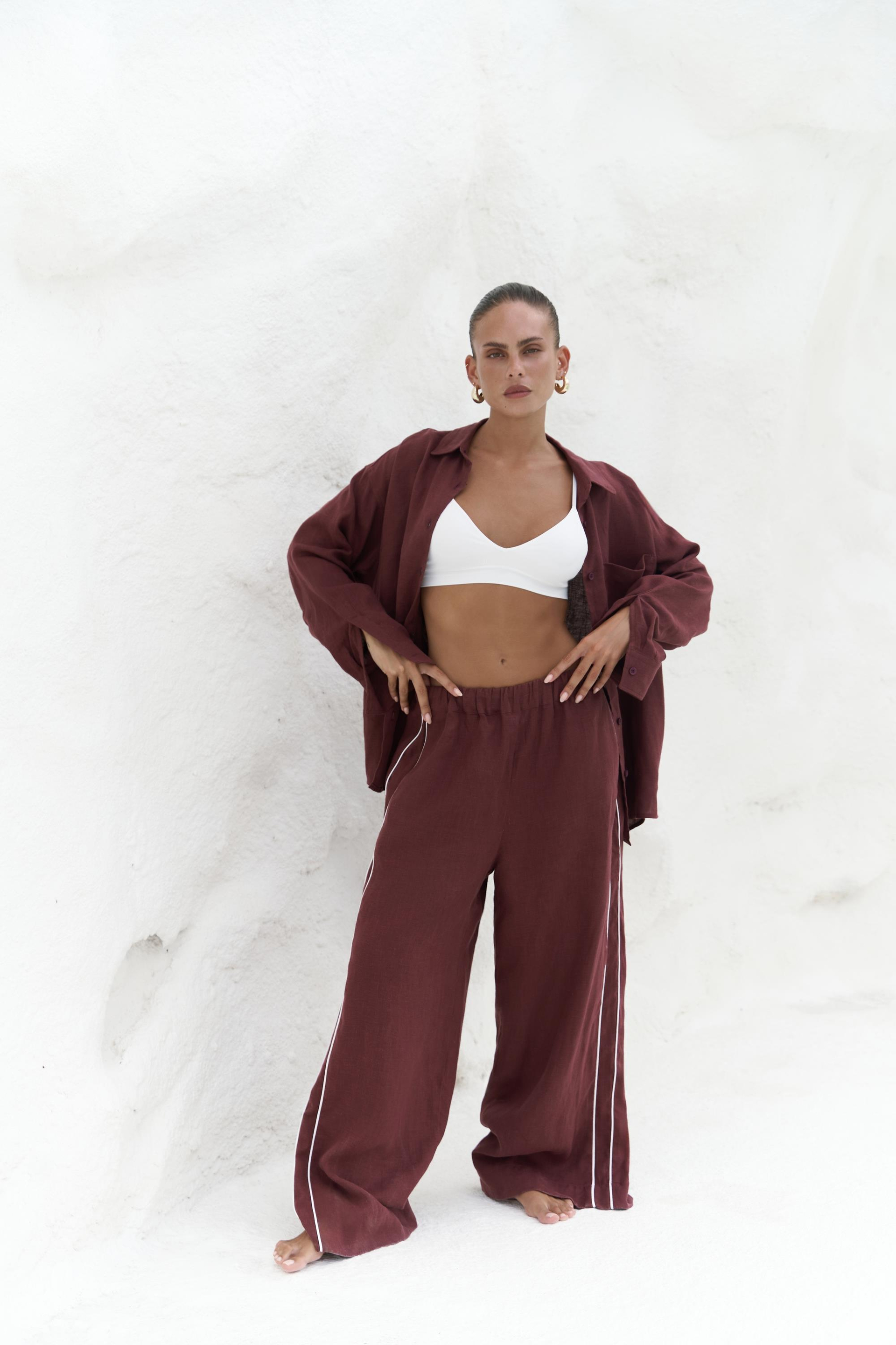 Orchidea Oversize Bordo Keten Gömlek Takım