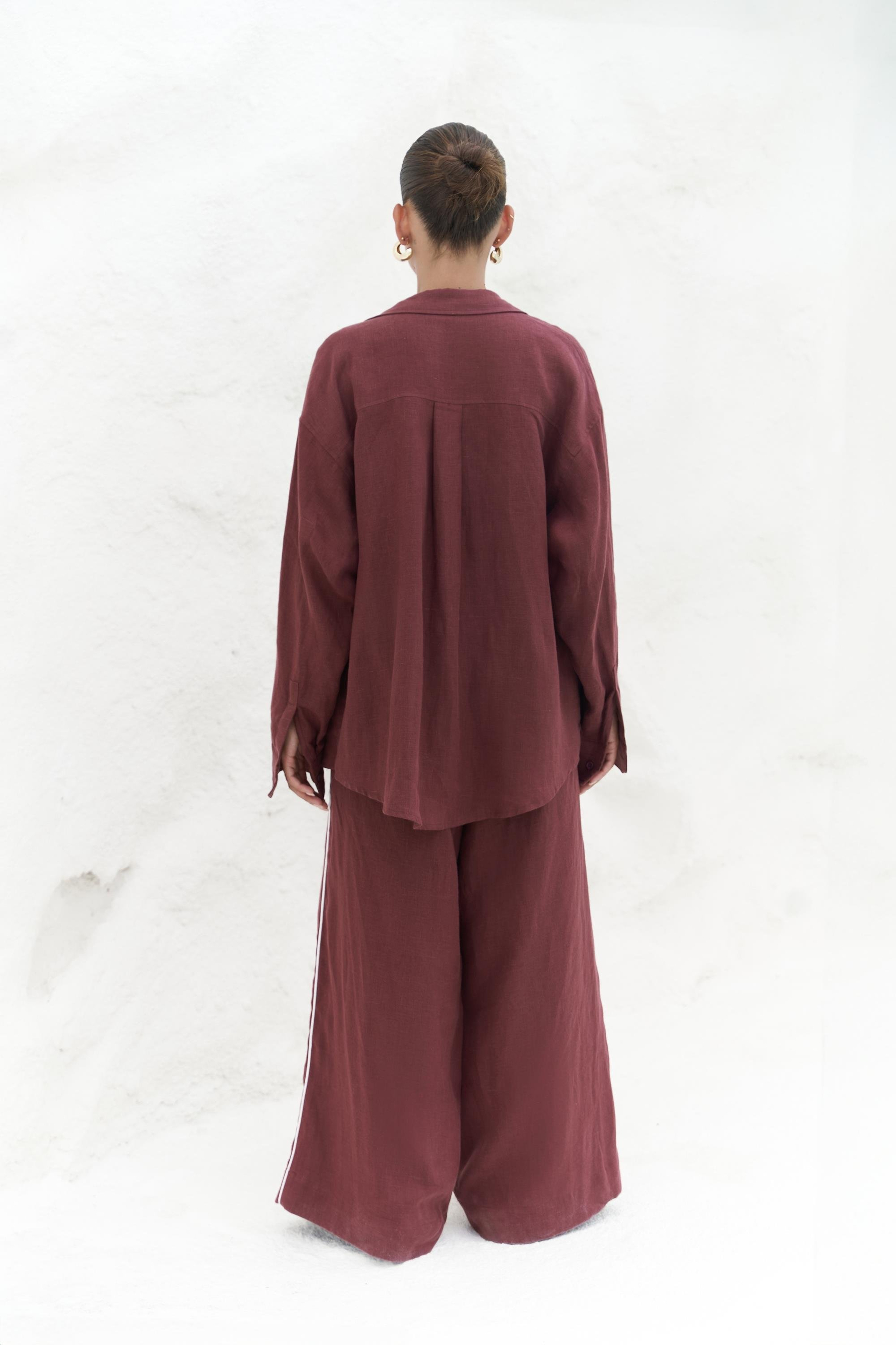 Orchidea Oversize Bordo Keten Gömlek Takım