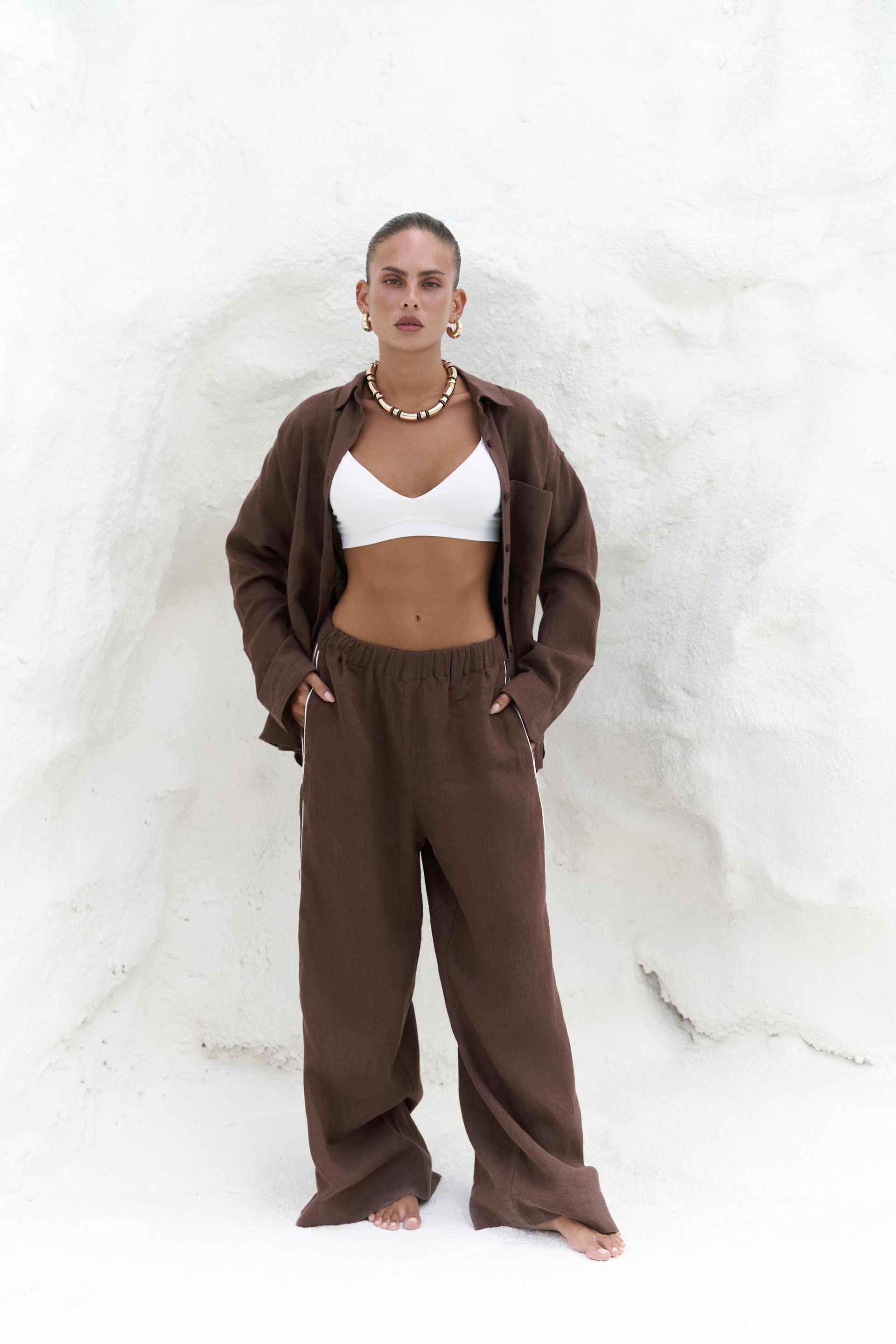 Orchidea Oversize Kahve Keten Gömlek Takım