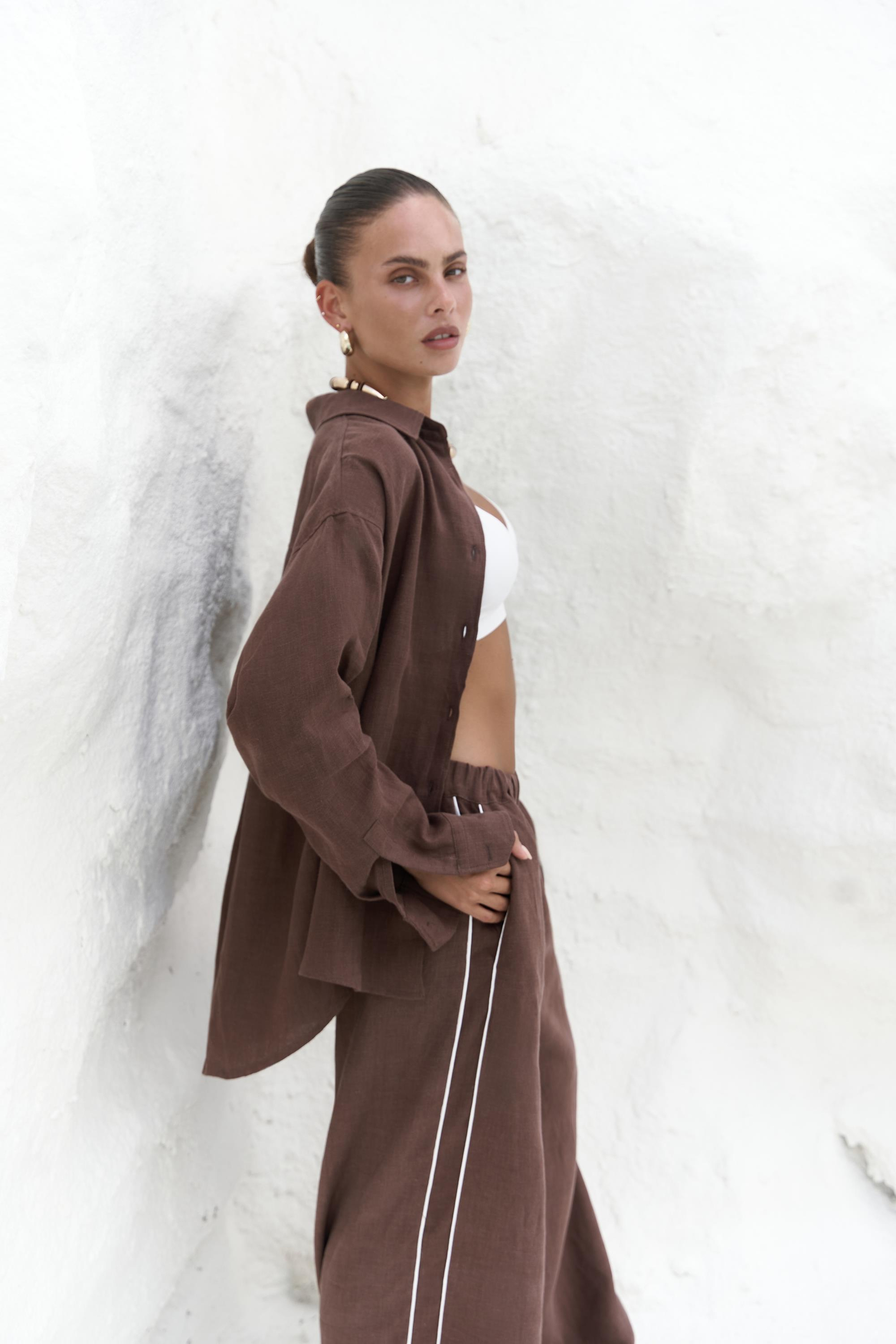 Orchidea Oversize Kahve Keten Gömlek Takım