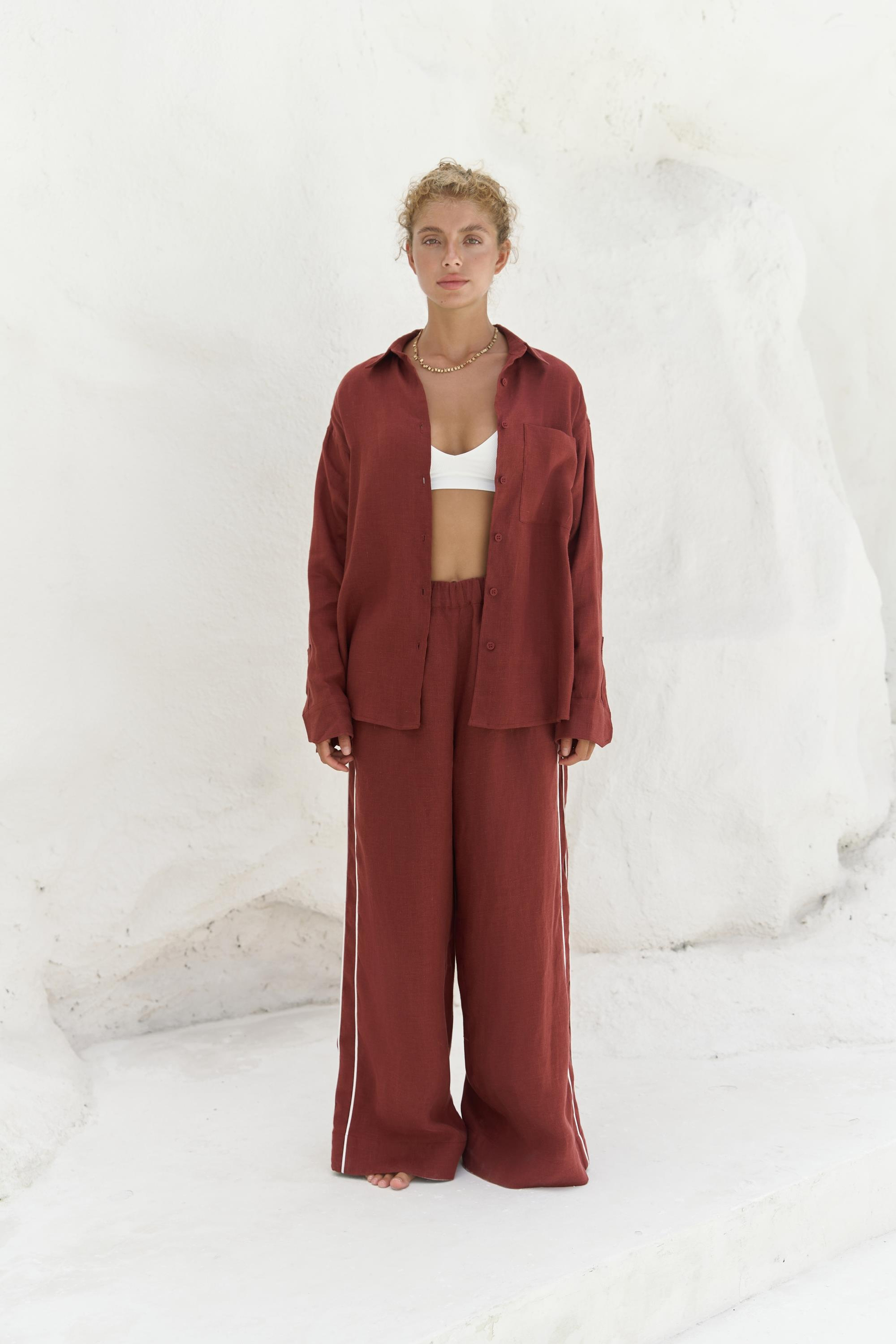 Orchidea Oversize Kiremit Keten Gömlek Takım