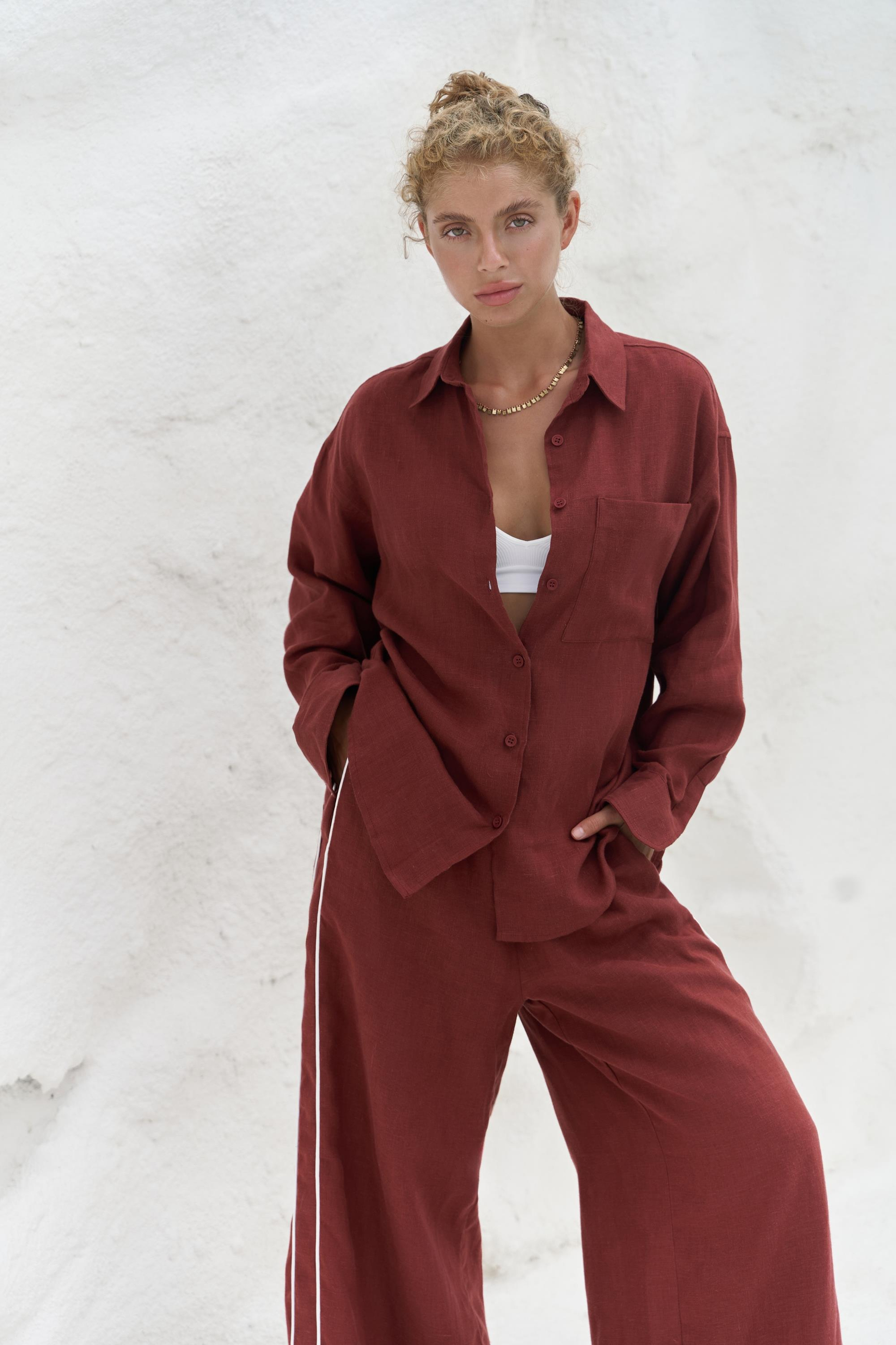 Orchidea Oversize Kiremit Keten Gömlek Takım