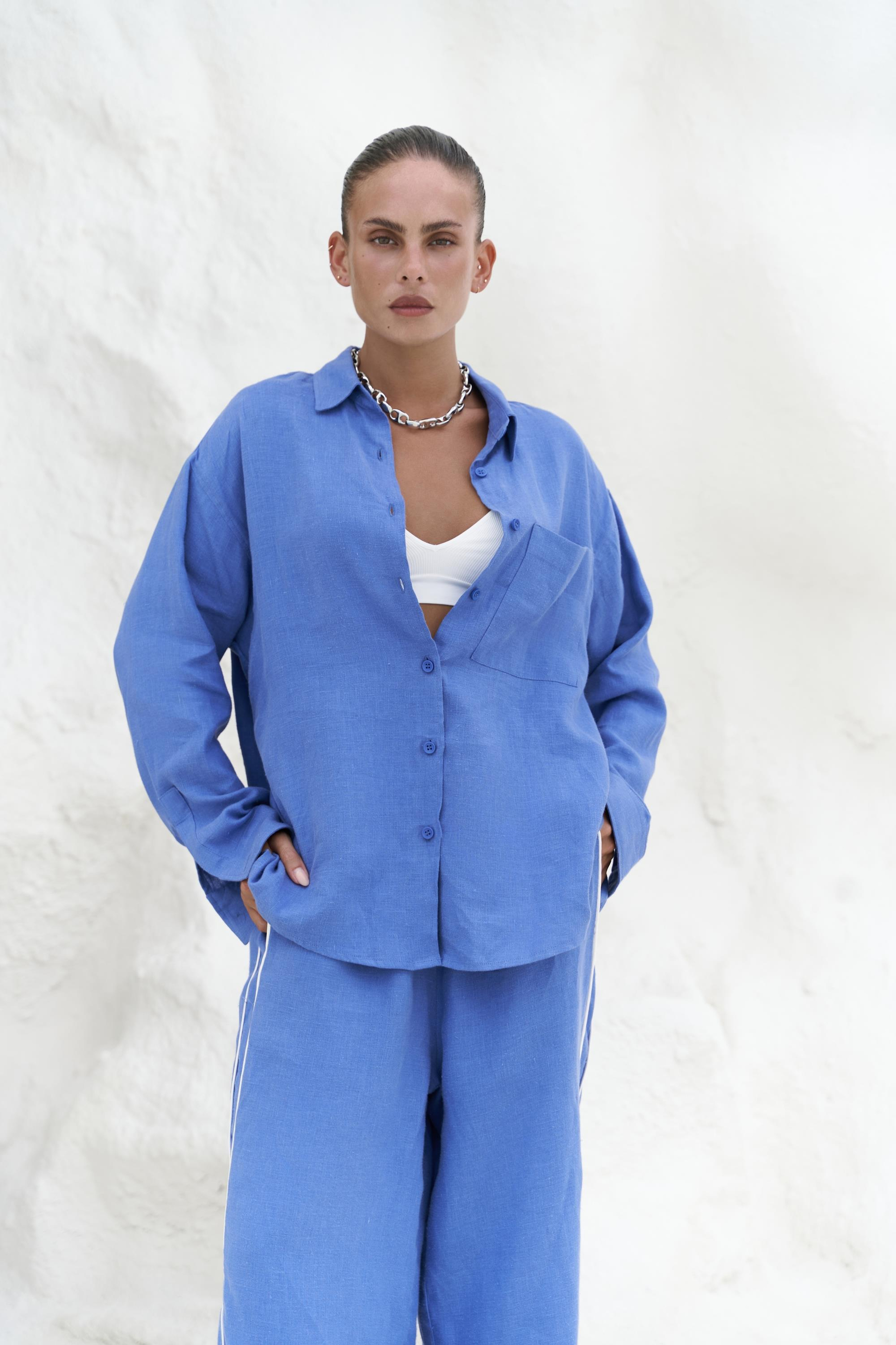 Orchidea Oversize Saks Mavi Keten Gömlek Takım