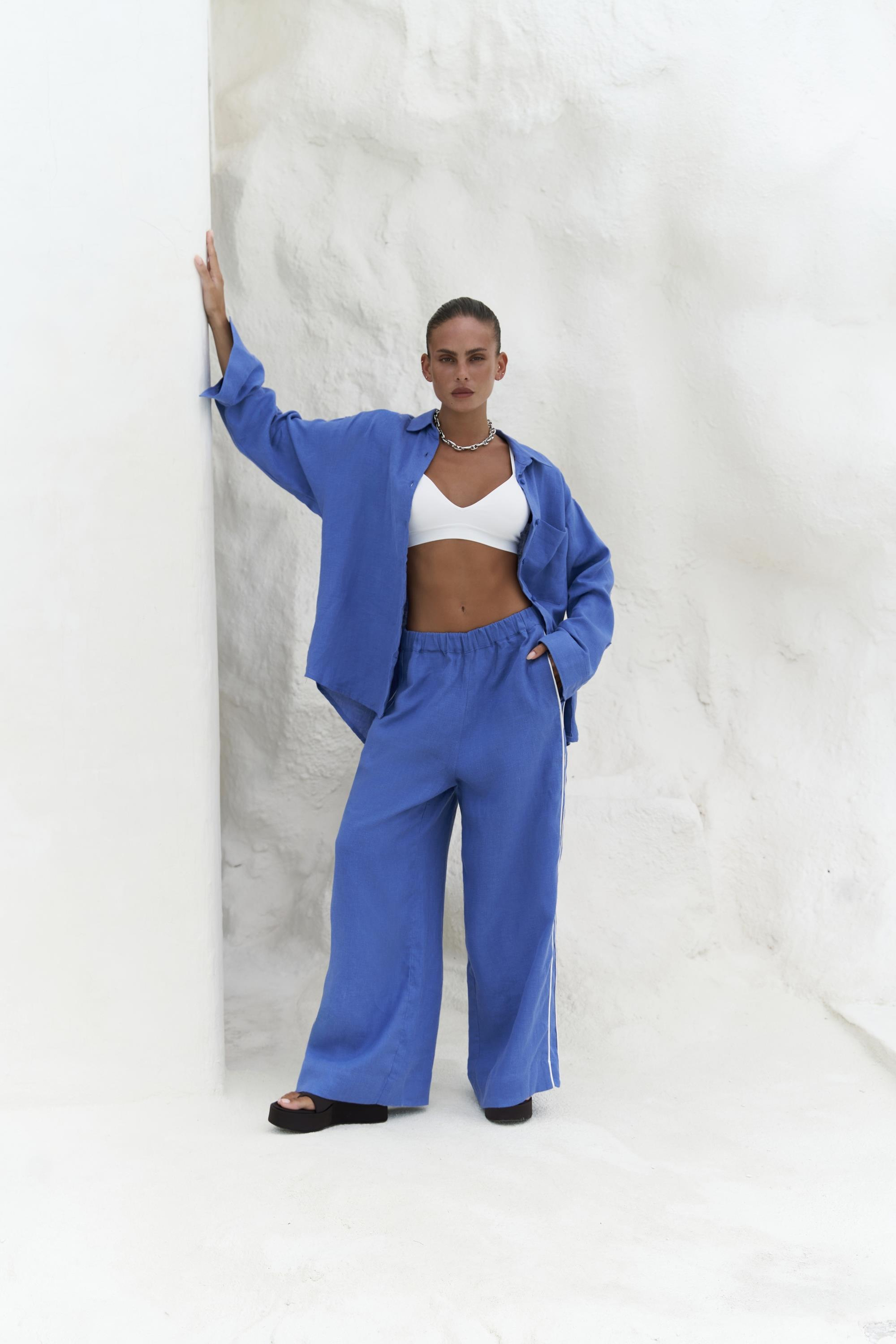 Orchidea Oversize Saks Mavi Keten Gömlek Takım