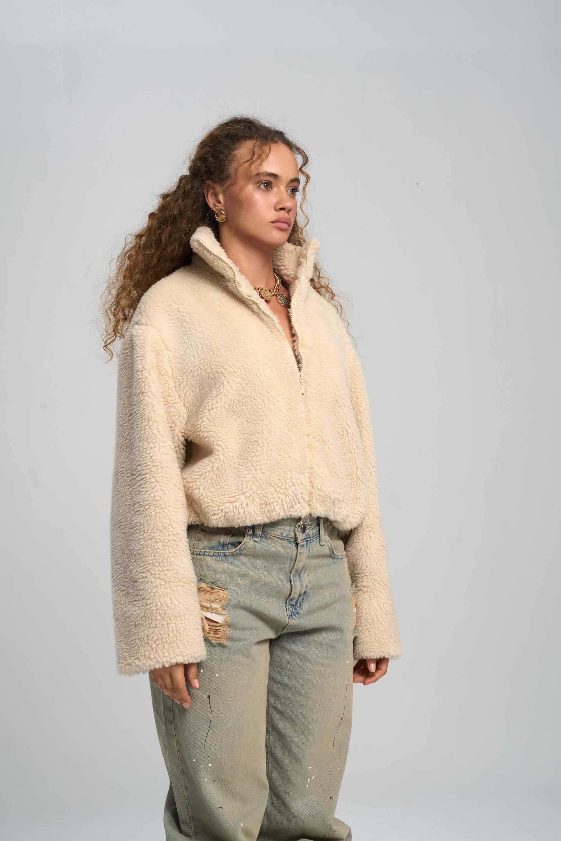 Orliva Teddy Bej Kısa Bomber Ceket