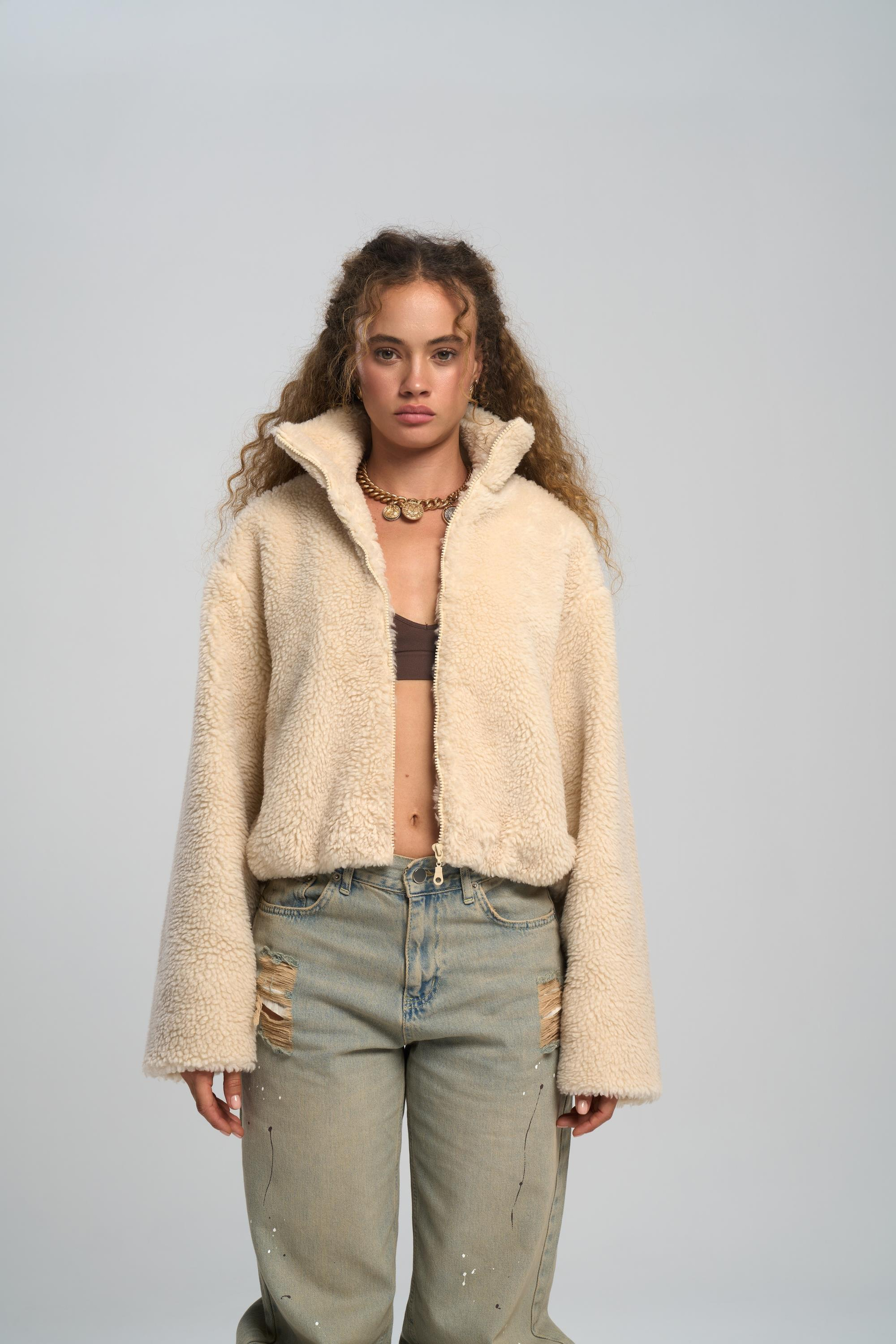 Orliva Teddy Bej Kısa Bomber Ceket