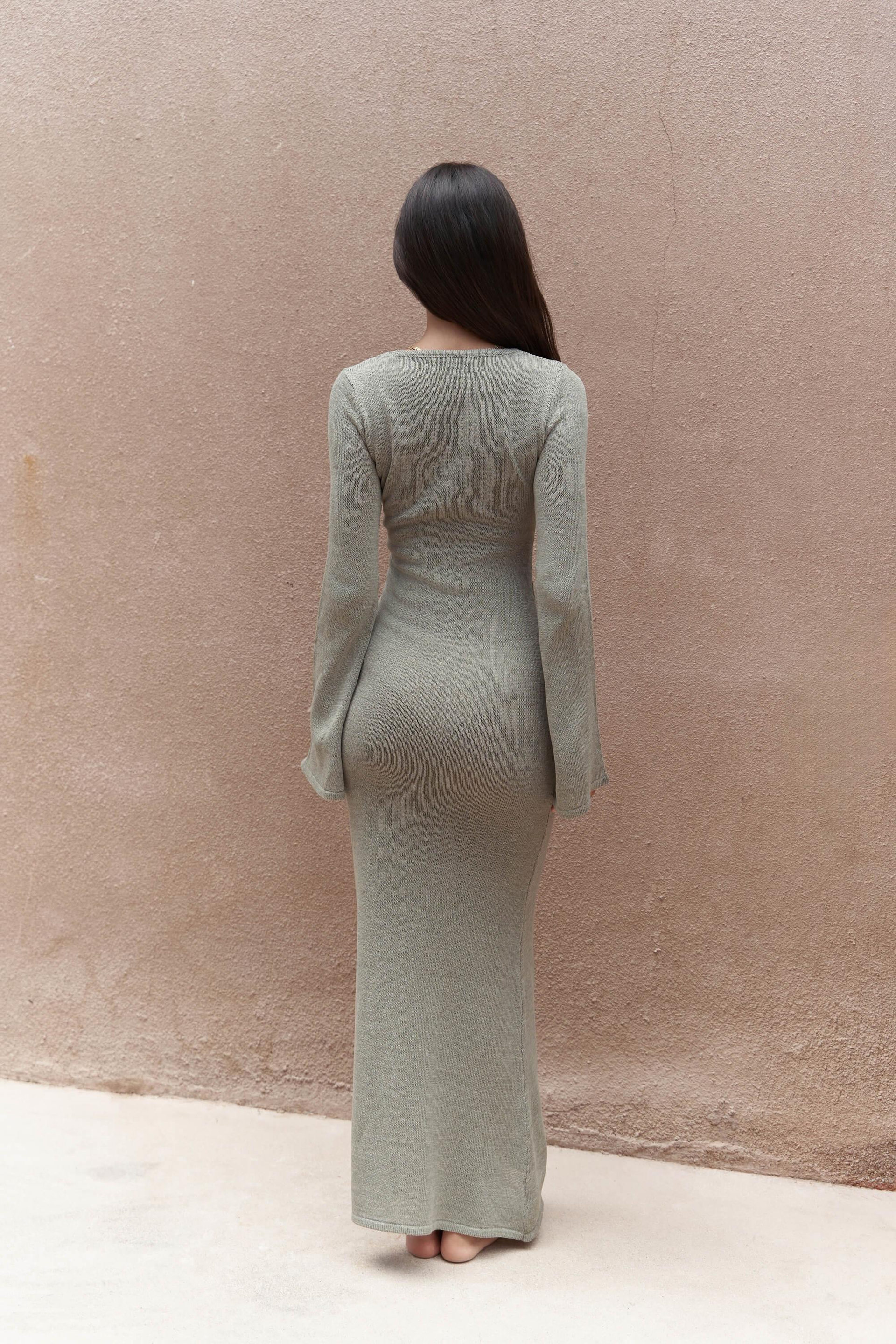 Ortensia Metal Detay Haki Uzun Triko Elbise