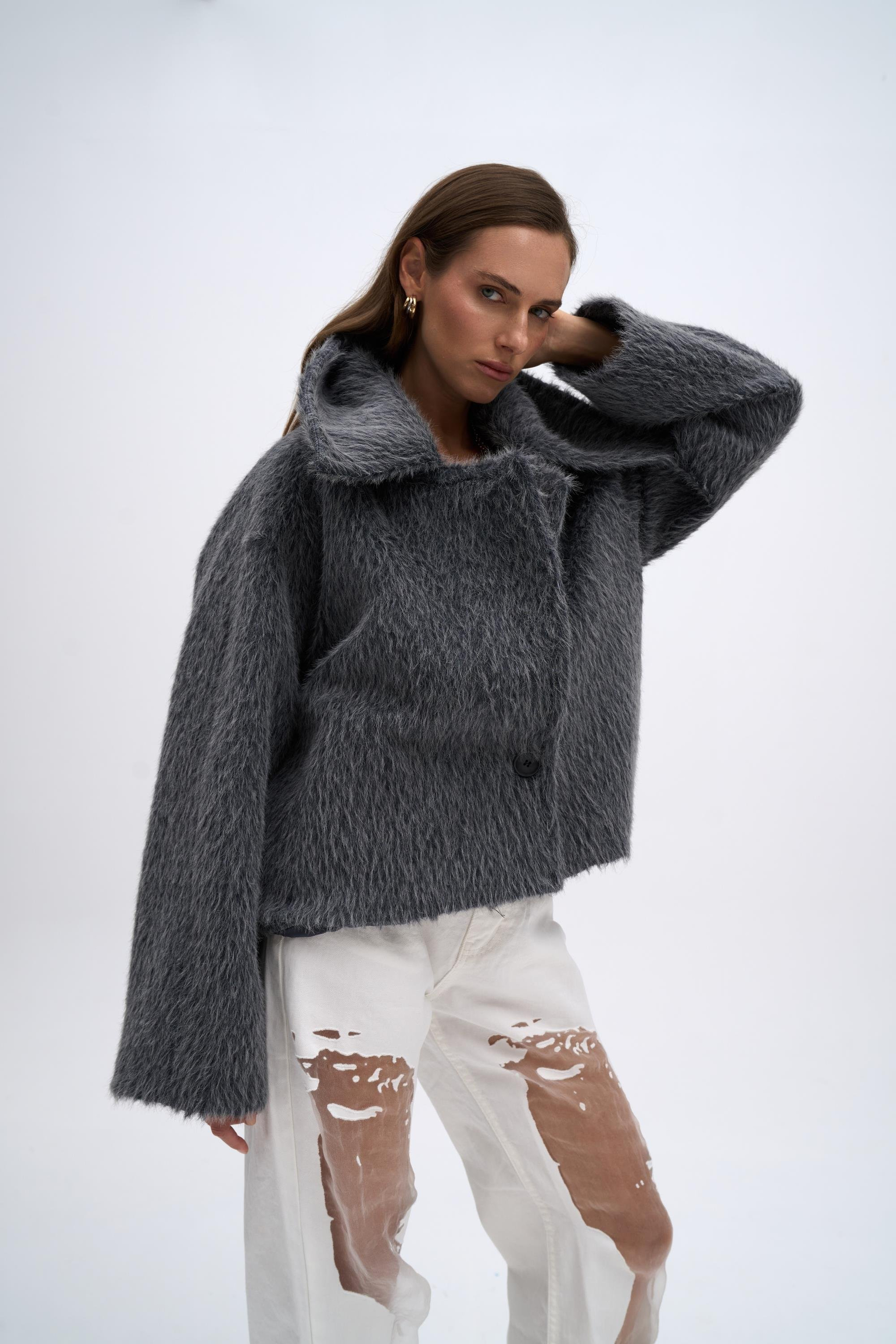 Orven Geniş Yaka Kısa Antrasit Ceket 