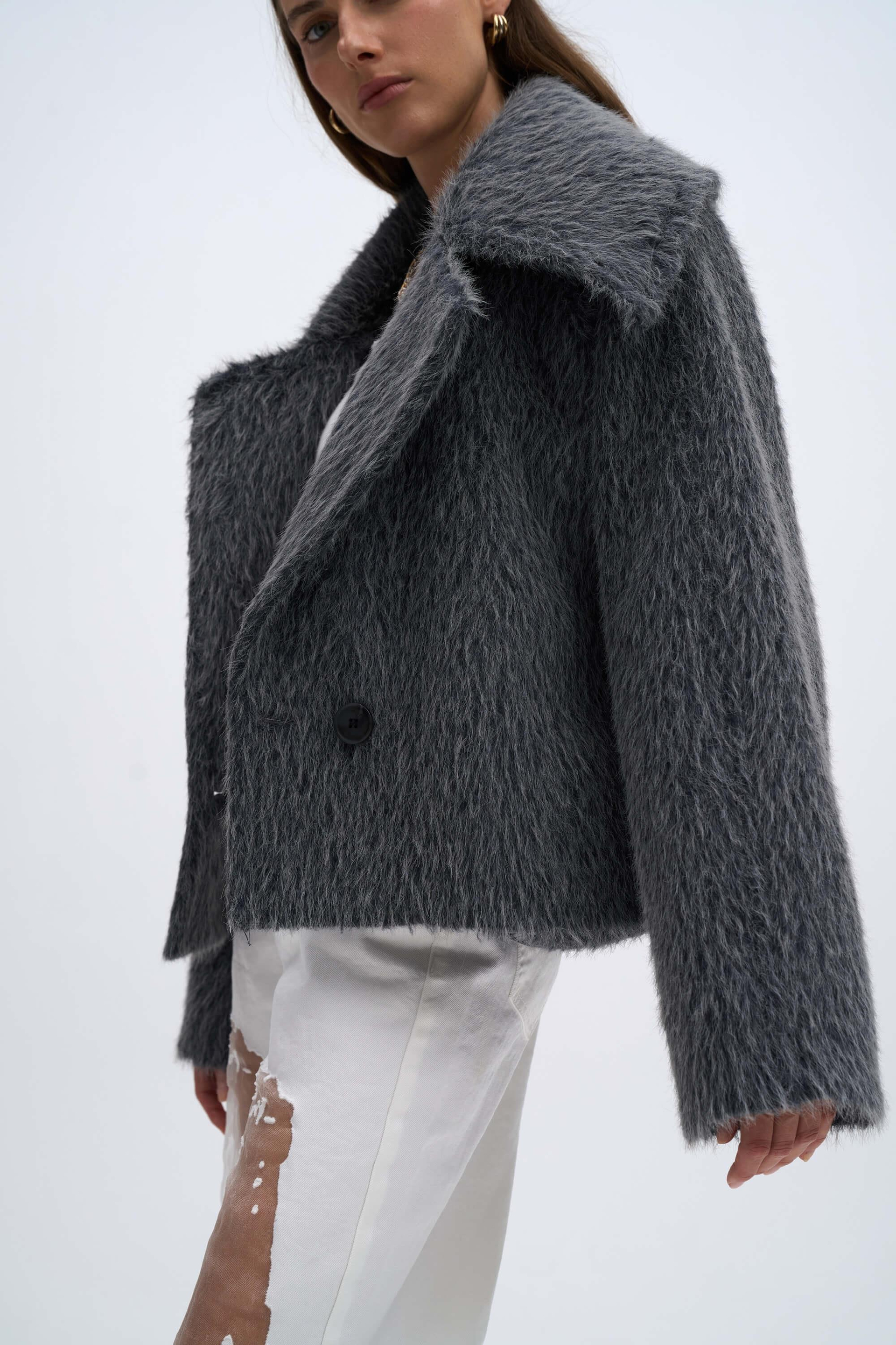 Orven Geniş Yaka Kısa Antrasit Ceket 