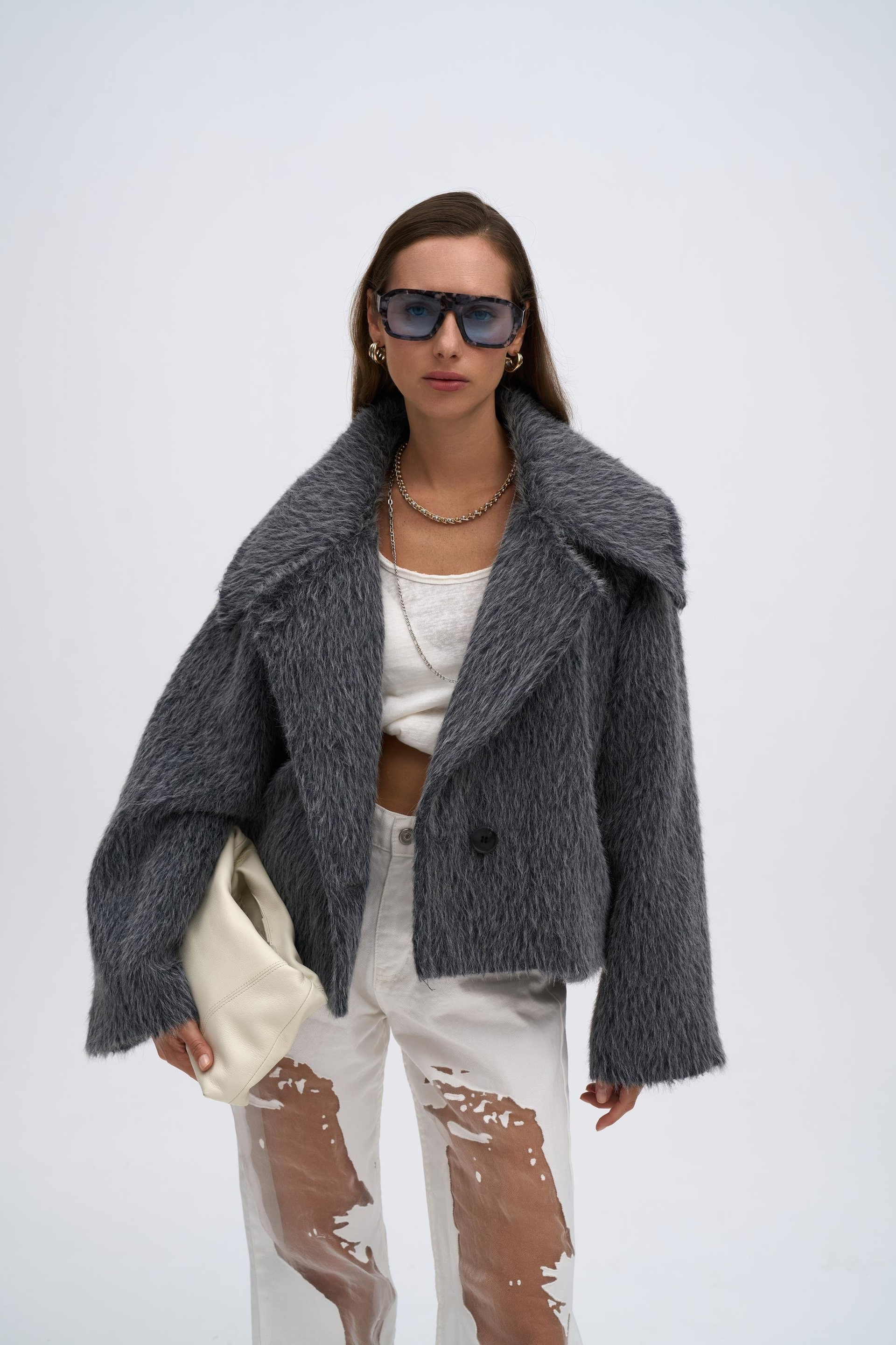 Orven Geniş Yaka Kısa Antrasit Ceket 