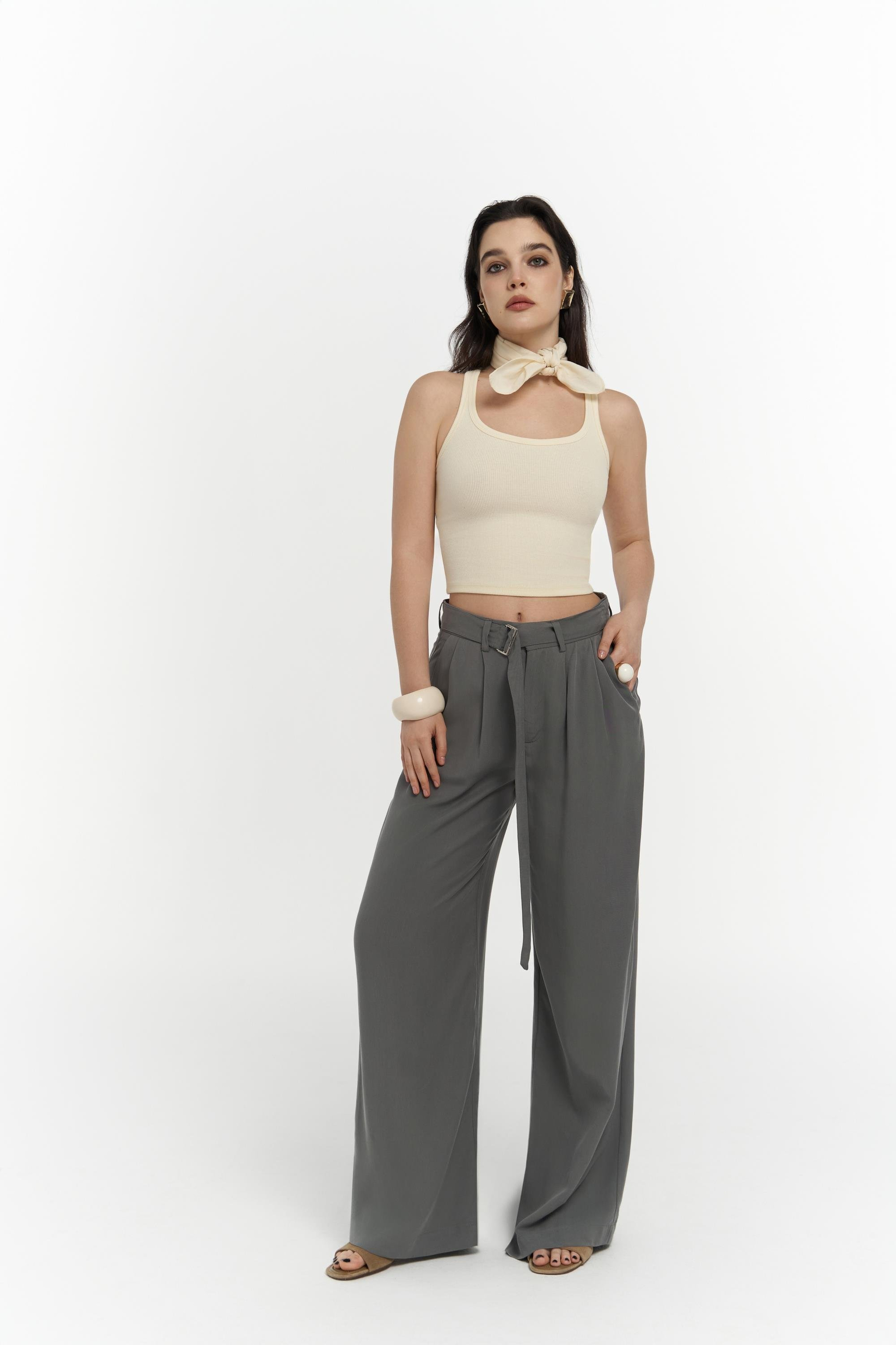 Paros Kemer Detay Gri Palazzo Pantolon