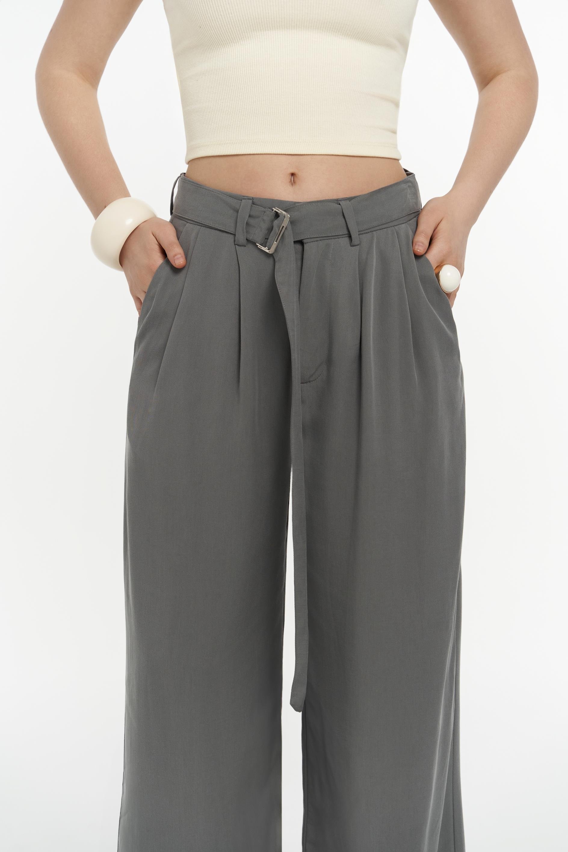 Paros Kemer Detay Gri Palazzo Pantolon