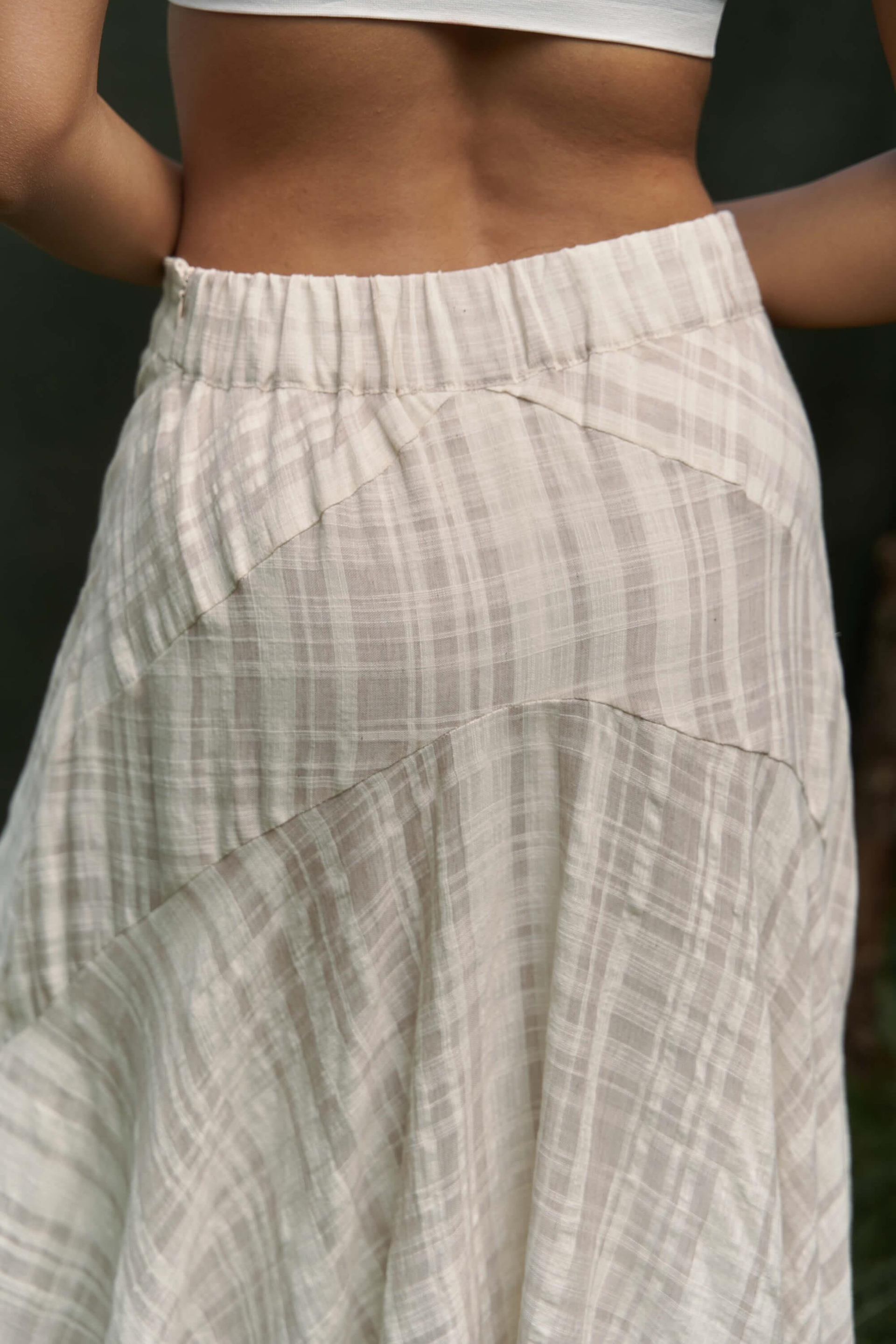 Peigi Çizgili Parçalı Bej Midi Etek