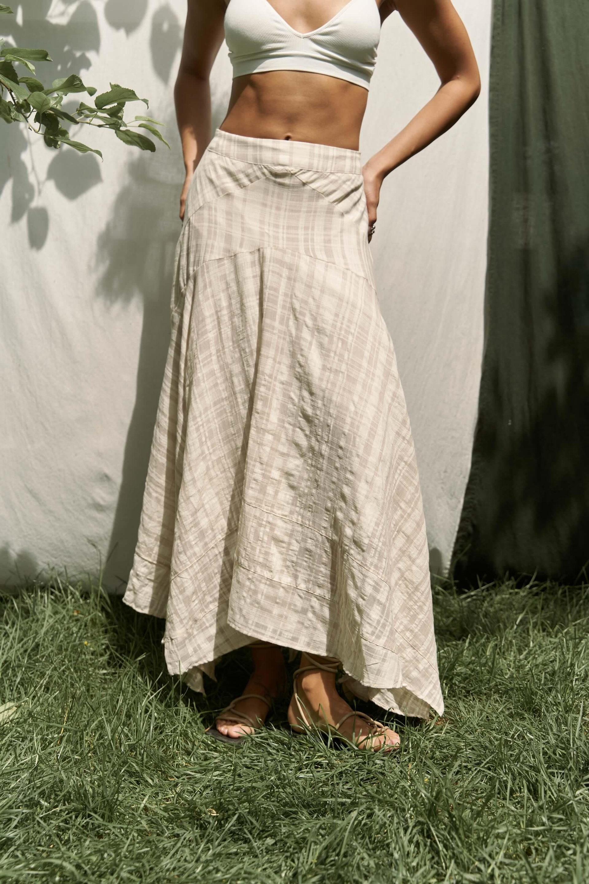 Peigi Çizgili Parçalı Bej Midi Etek