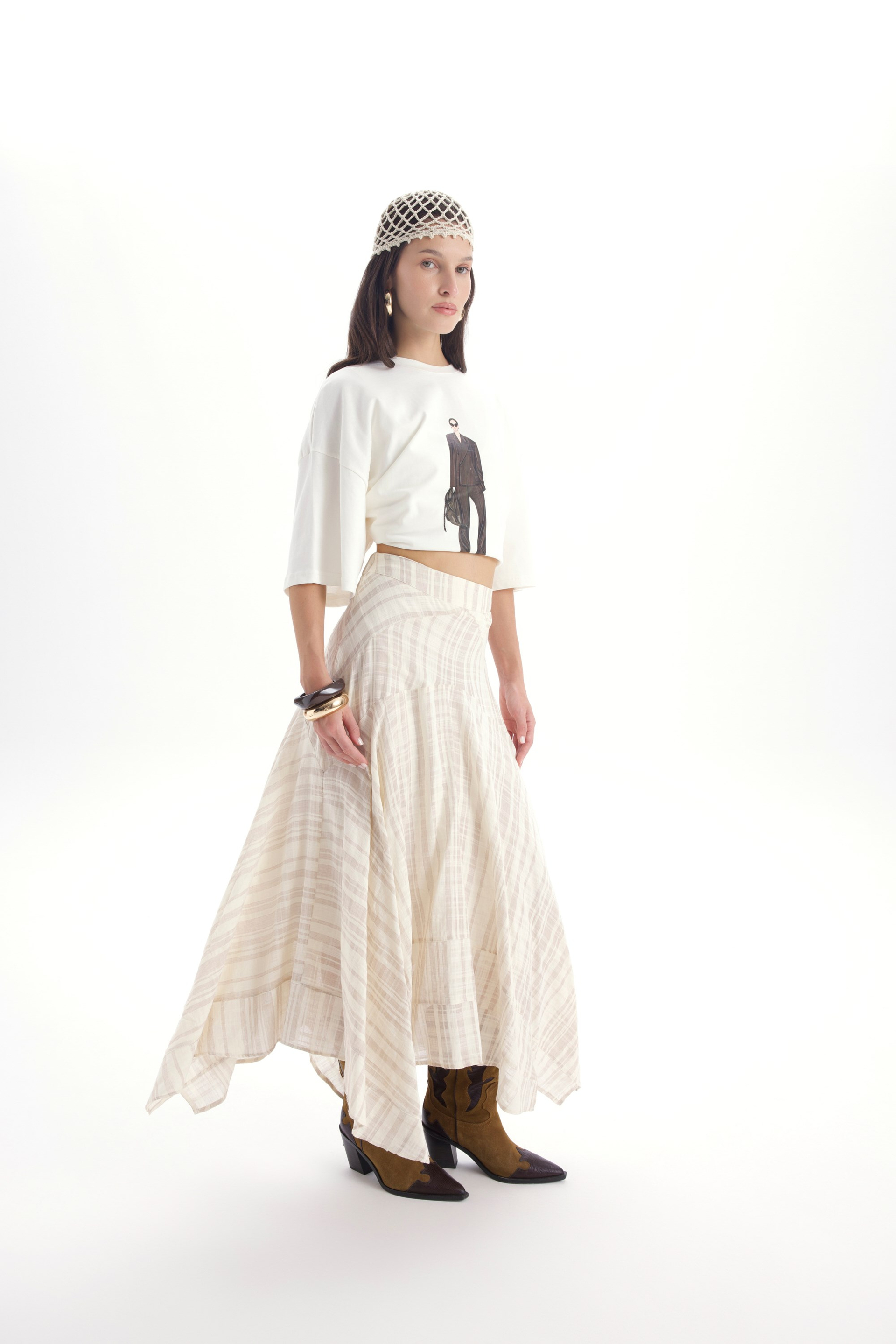 Peigi Striped Paneled Beige Midi Skirt