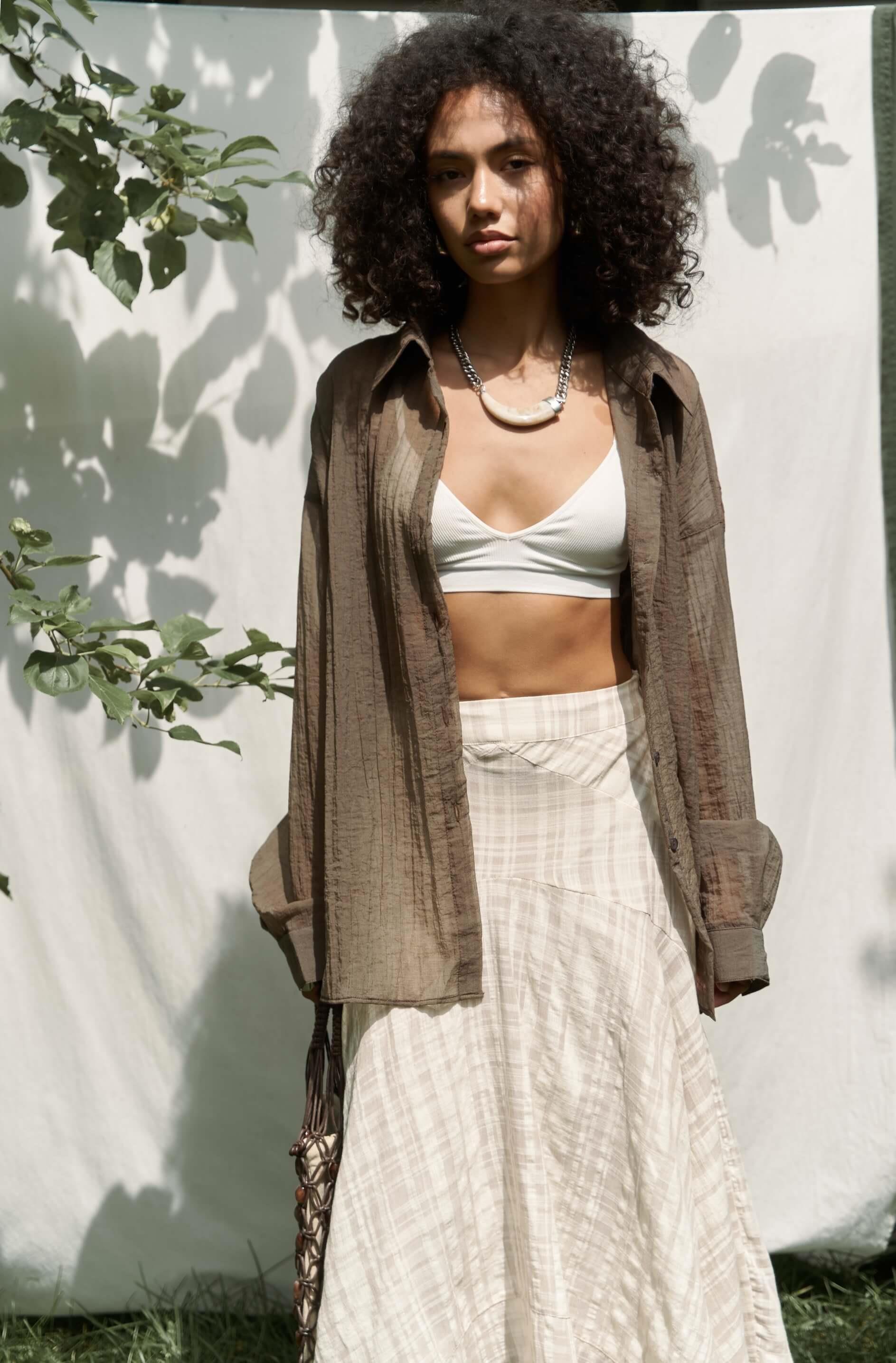 Peigi Çizgili Parçalı Bej Midi Etek