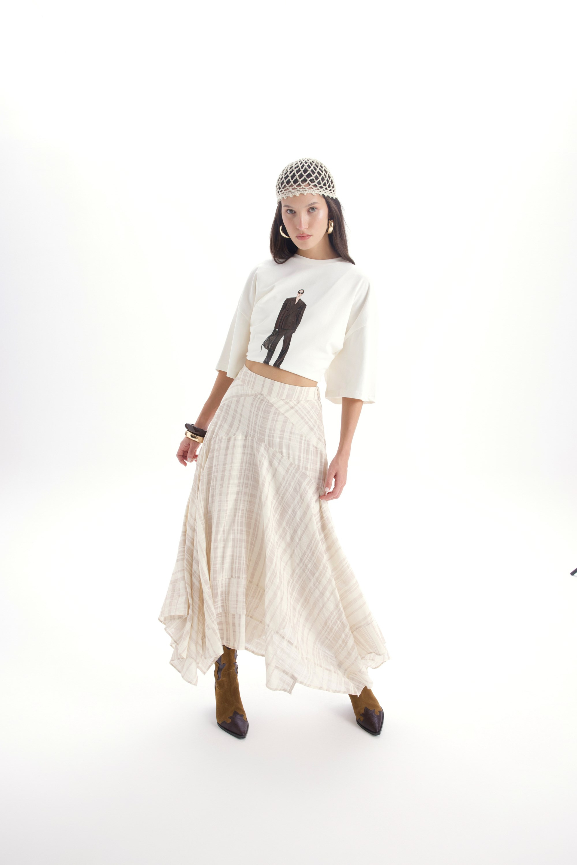 Peigi Striped Paneled Beige Midi Skirt