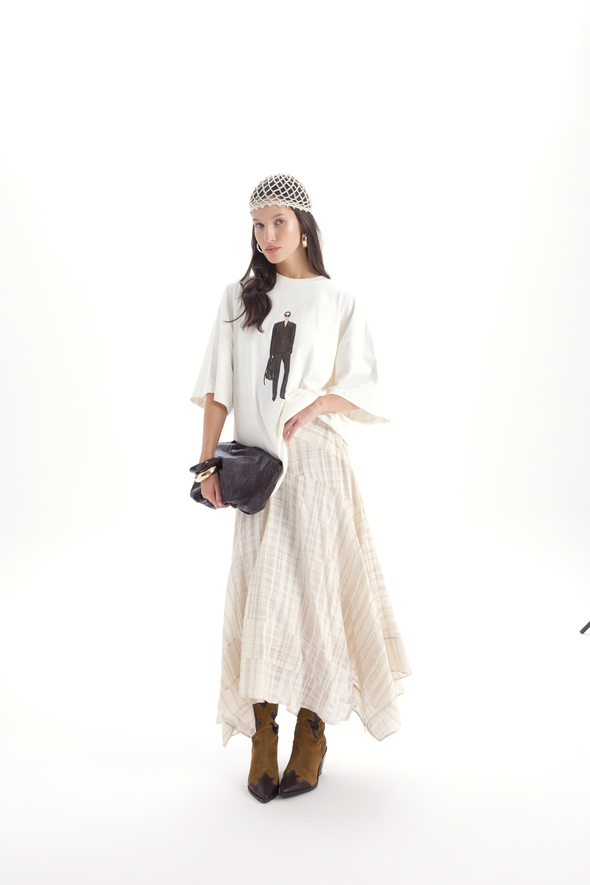 Peigi Striped Paneled Beige Midi Skirt