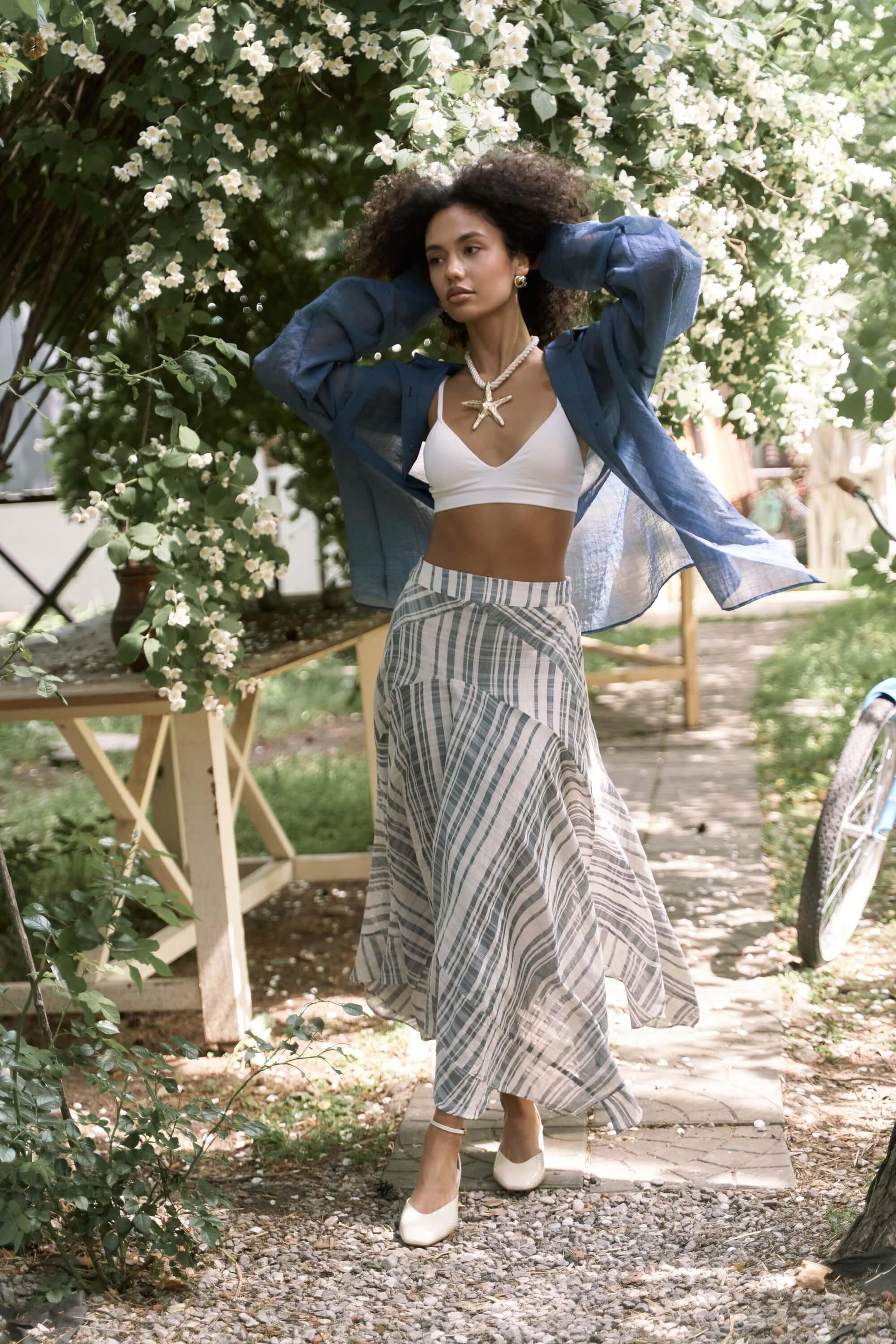 Peigi Çizgili Parçalı İndigo Midi Etek