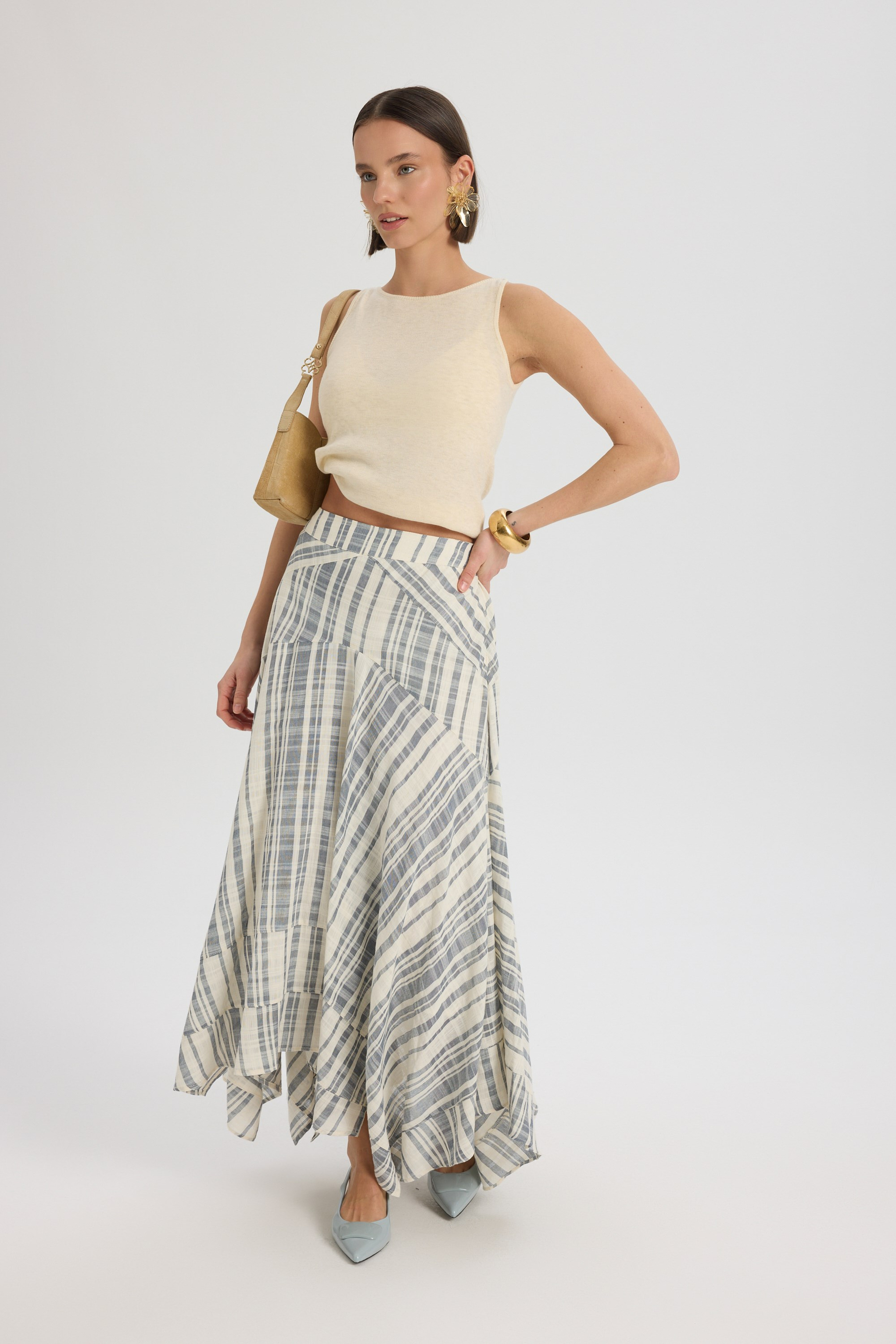 Peigi Striped Paneled İndigo Midi Skirt