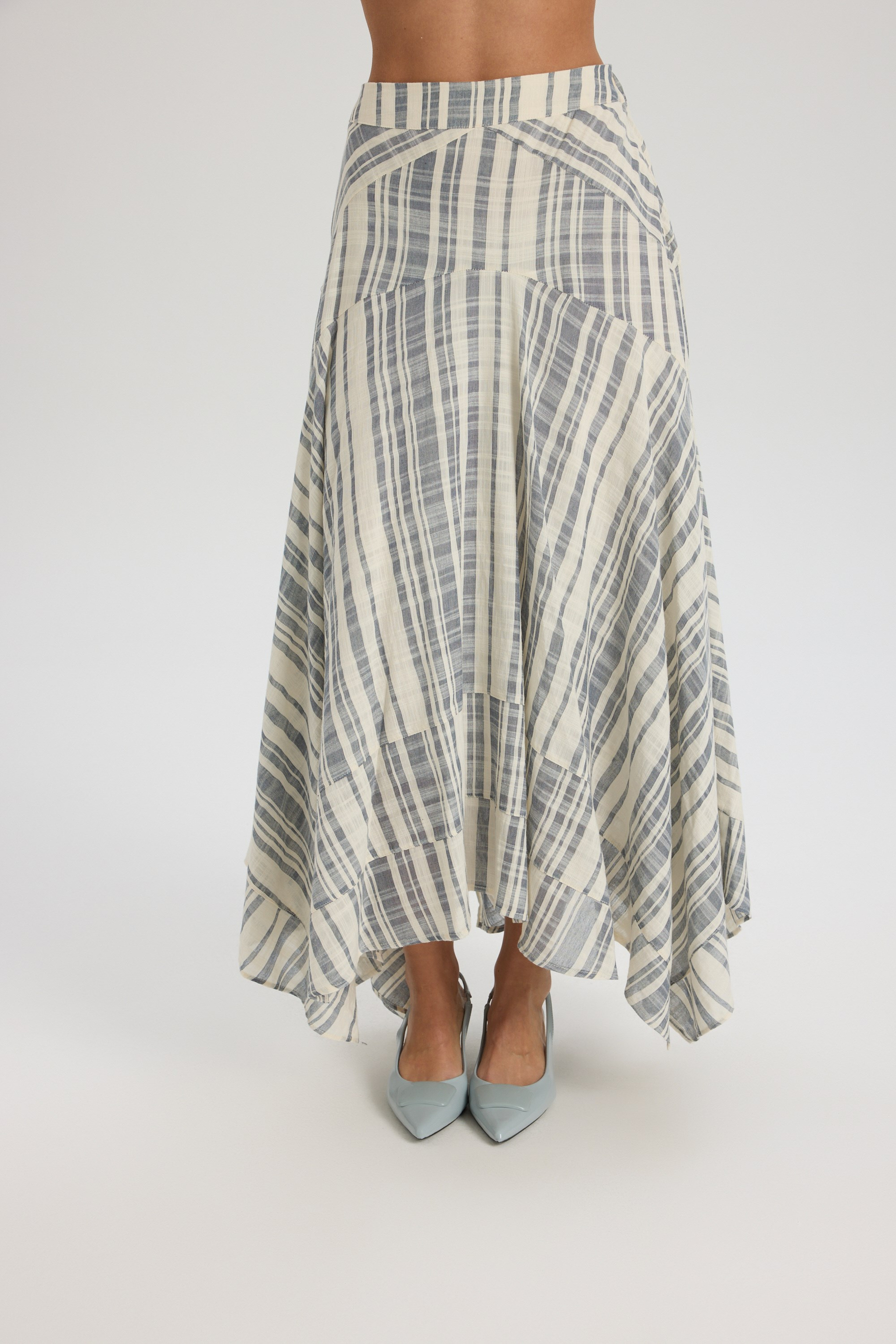 Peigi Striped Paneled İndigo Midi Skirt