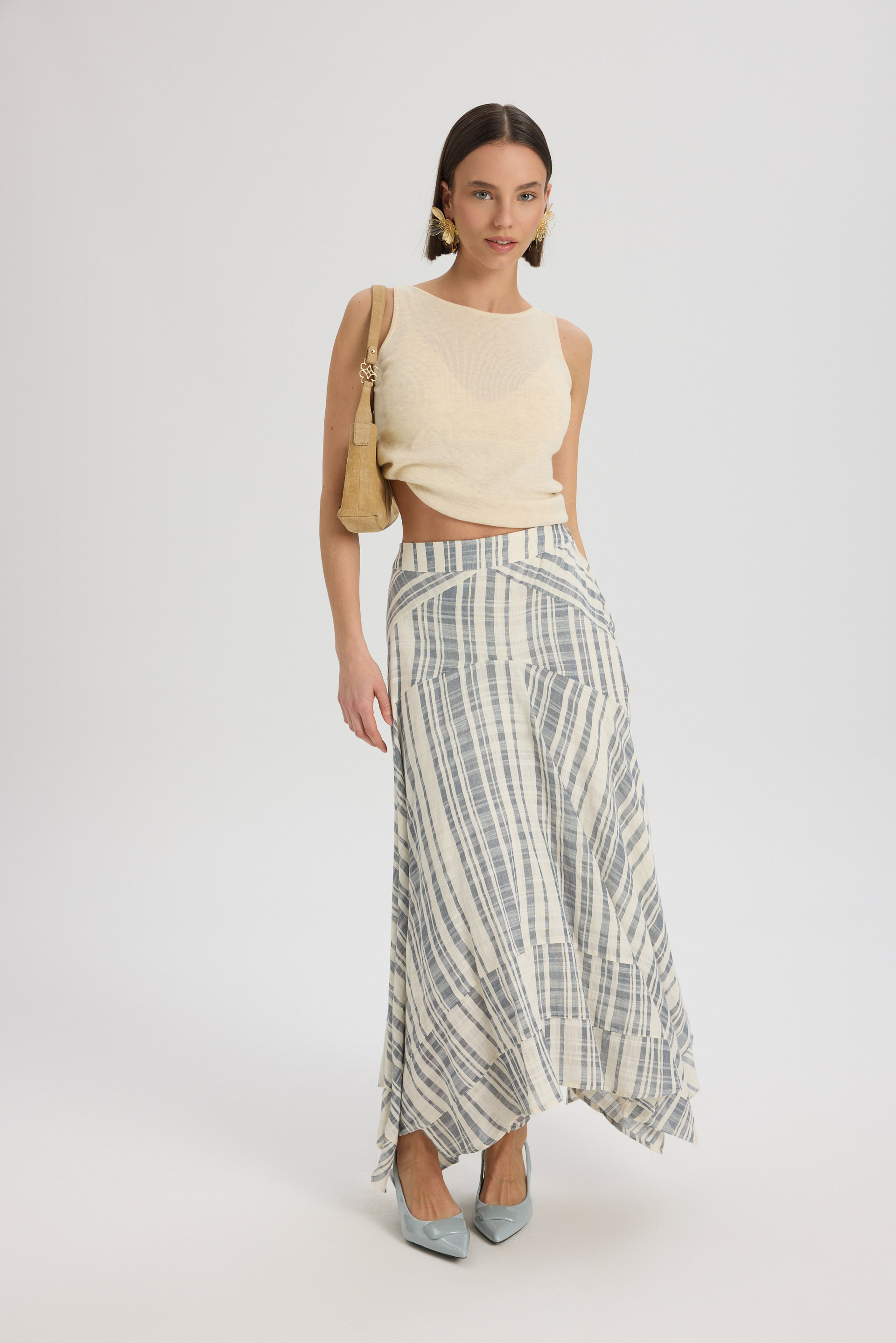 Peigi Striped Paneled İndigo Midi Skirt