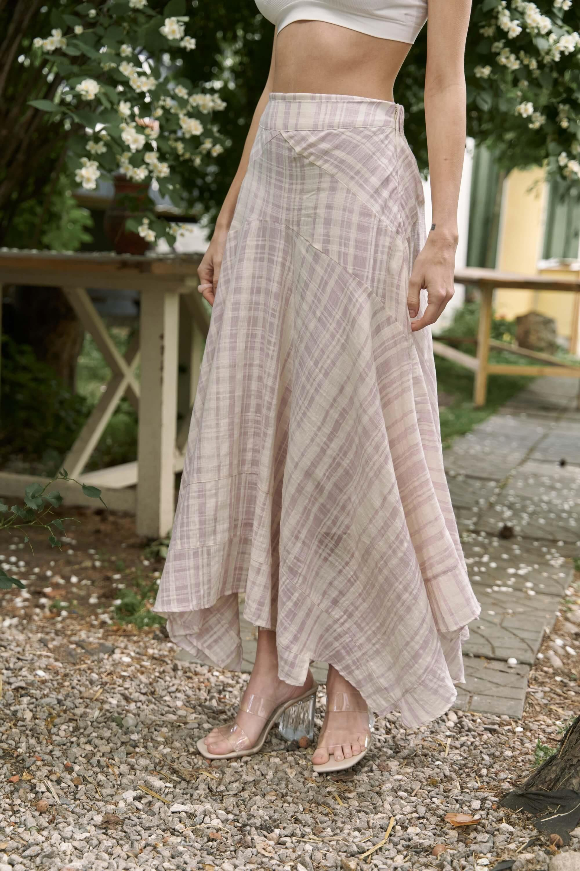 Peigi Çizgili Parçalı Lila Midi Etek