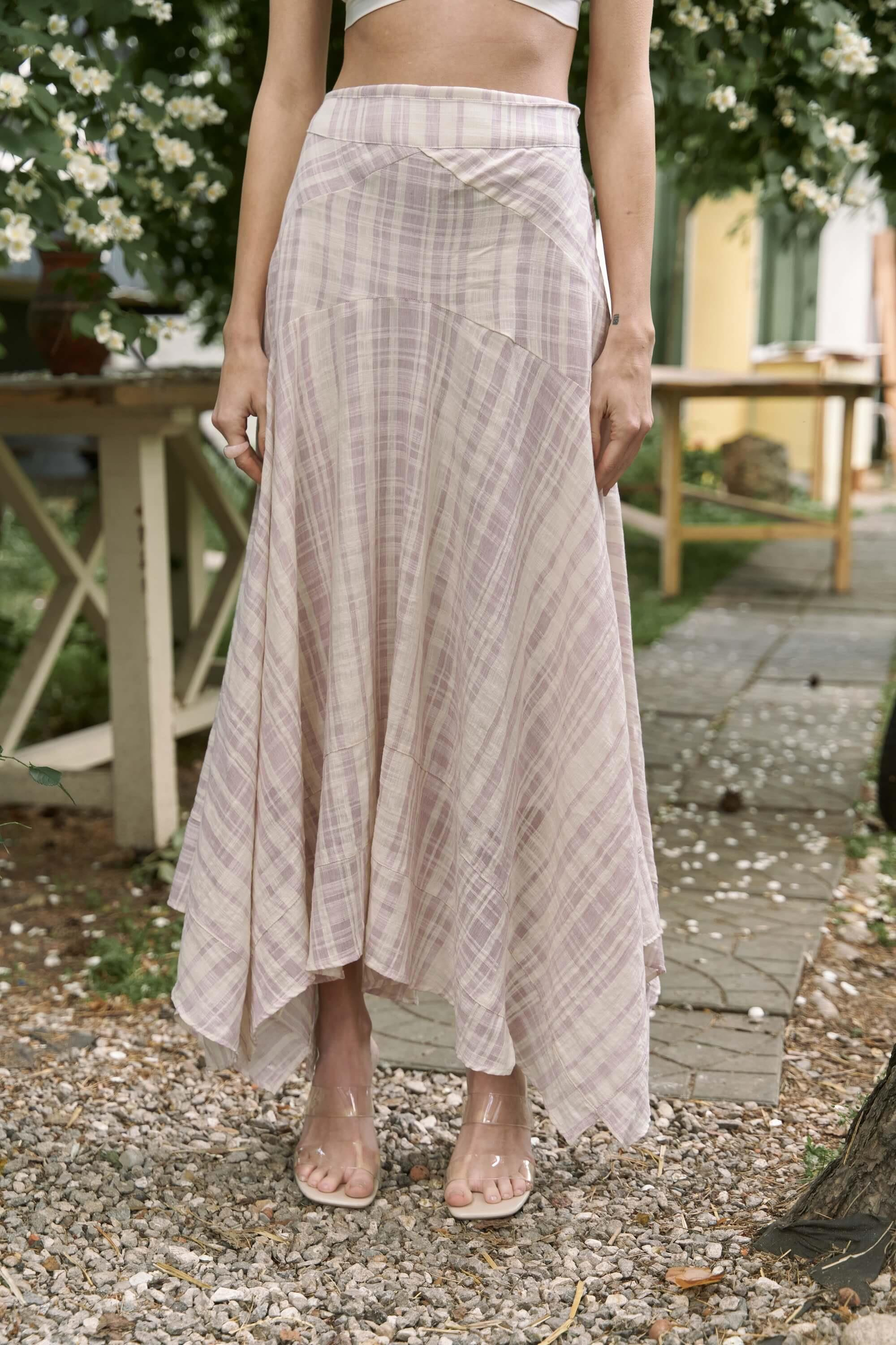 Peigi Çizgili Parçalı Lila Midi Etek